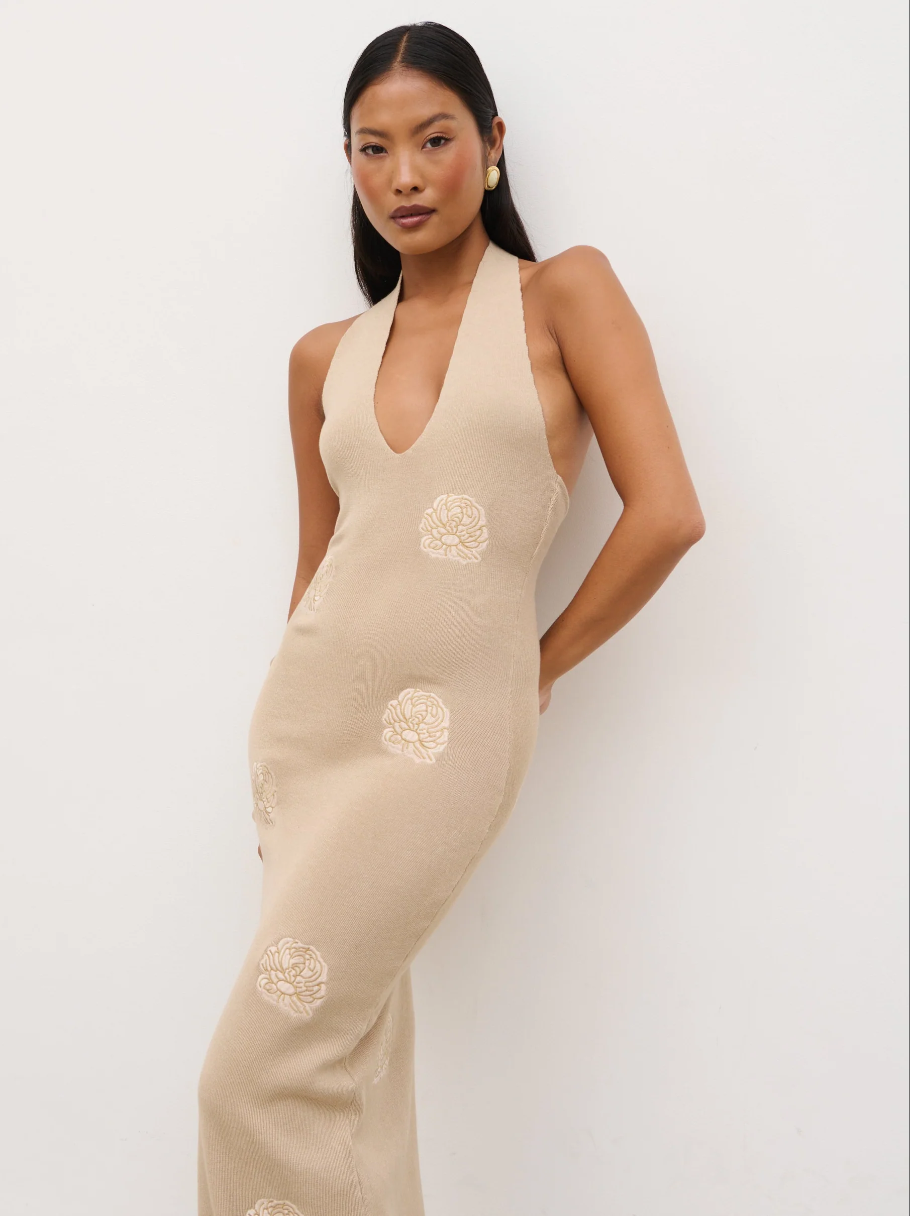Cady Intarsia Halterneck Knit Maxi Dress - Beige