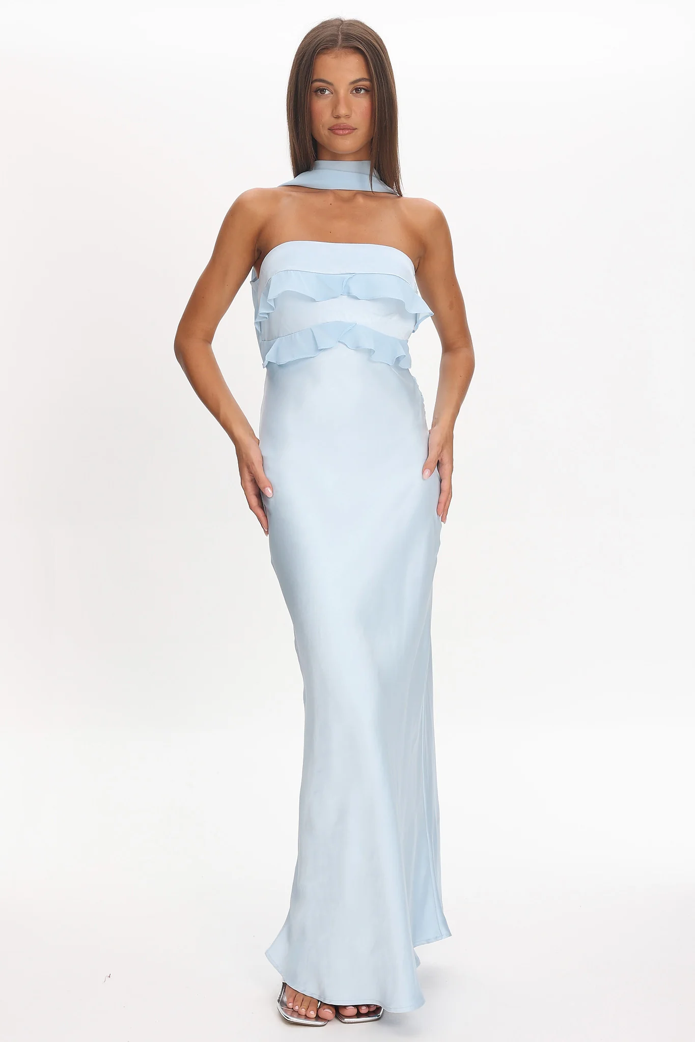 Damsel Reverse Halter Frill Trim Maxi Dress Baby Blue - luluinthesky