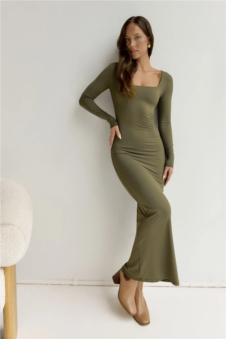 BASE Embrace Shape Long Sleeve Maxi Dress Army