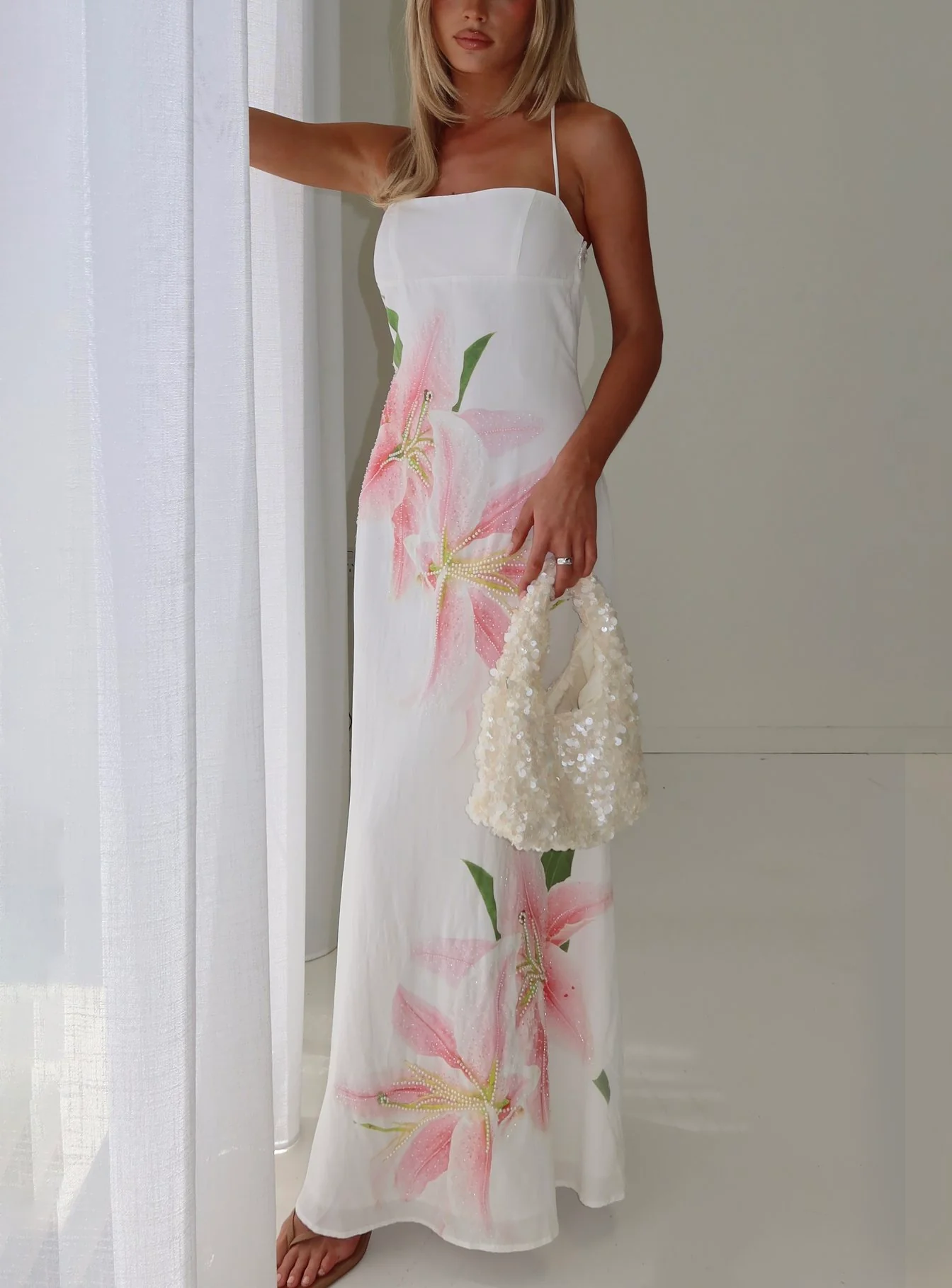 Anny Beaded Maxi Dress White Floral