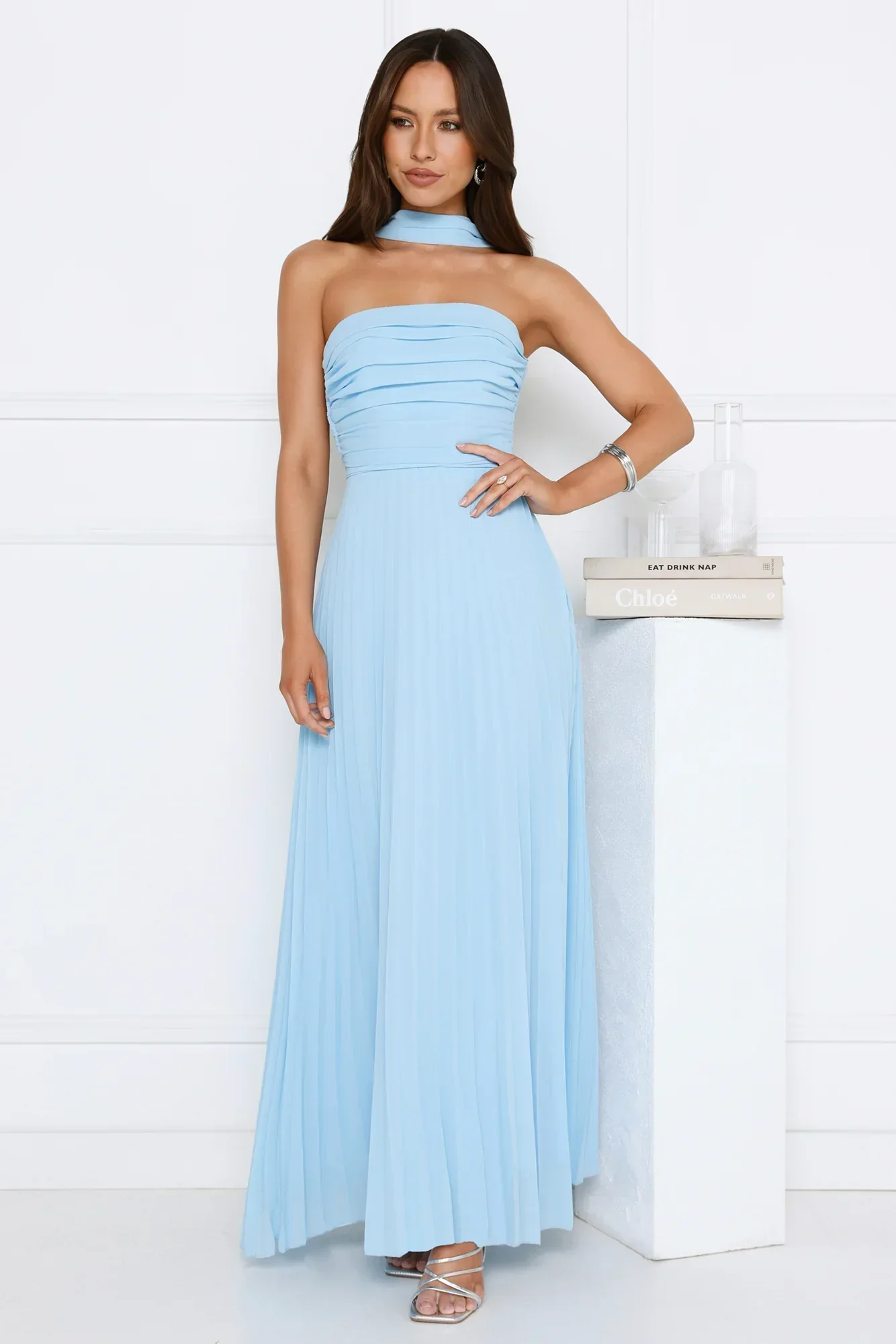 Sugar Babe Strapless Pleated Maxi Dress Blue