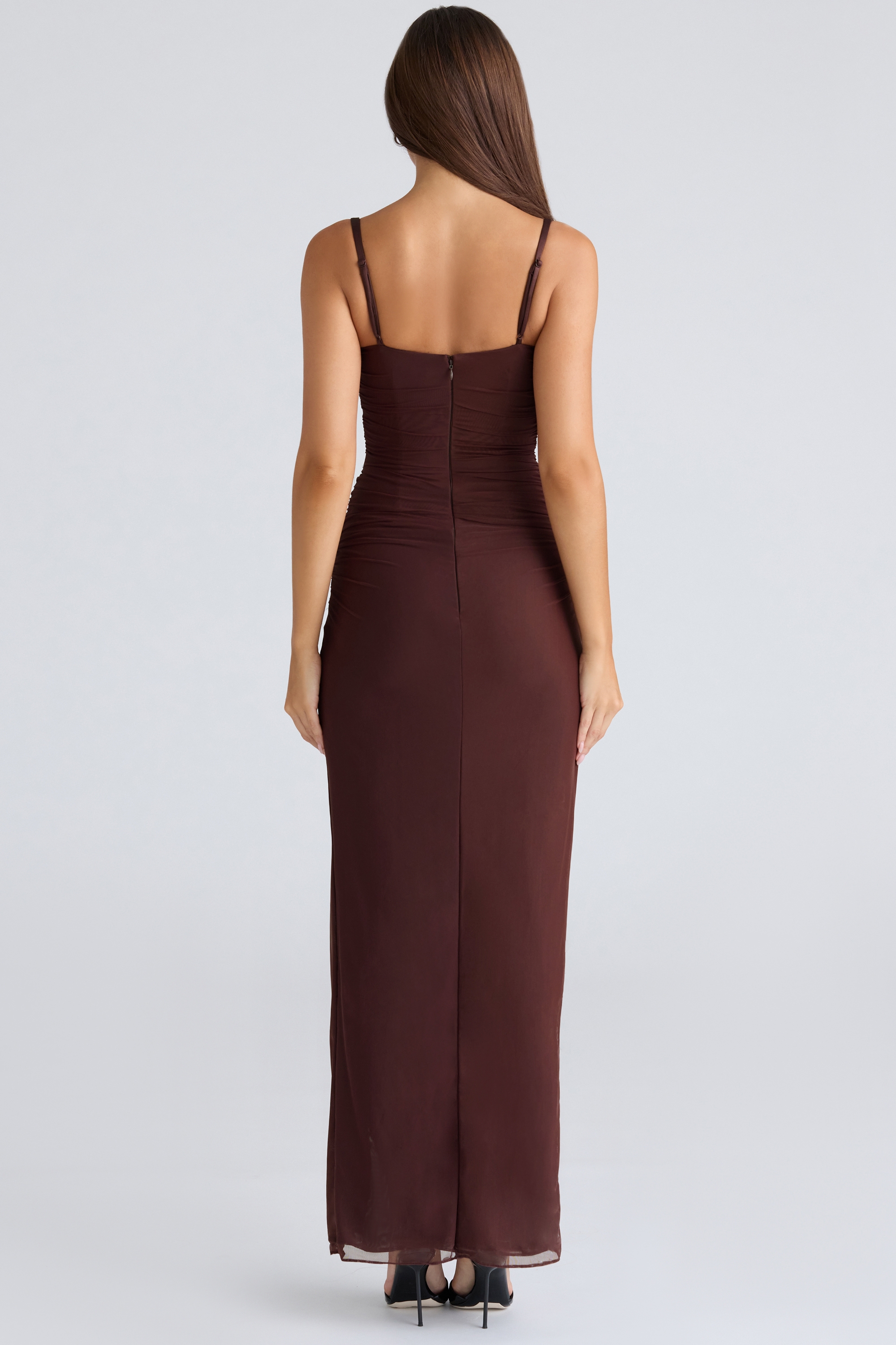 burgundy stretch mesh maxi dress