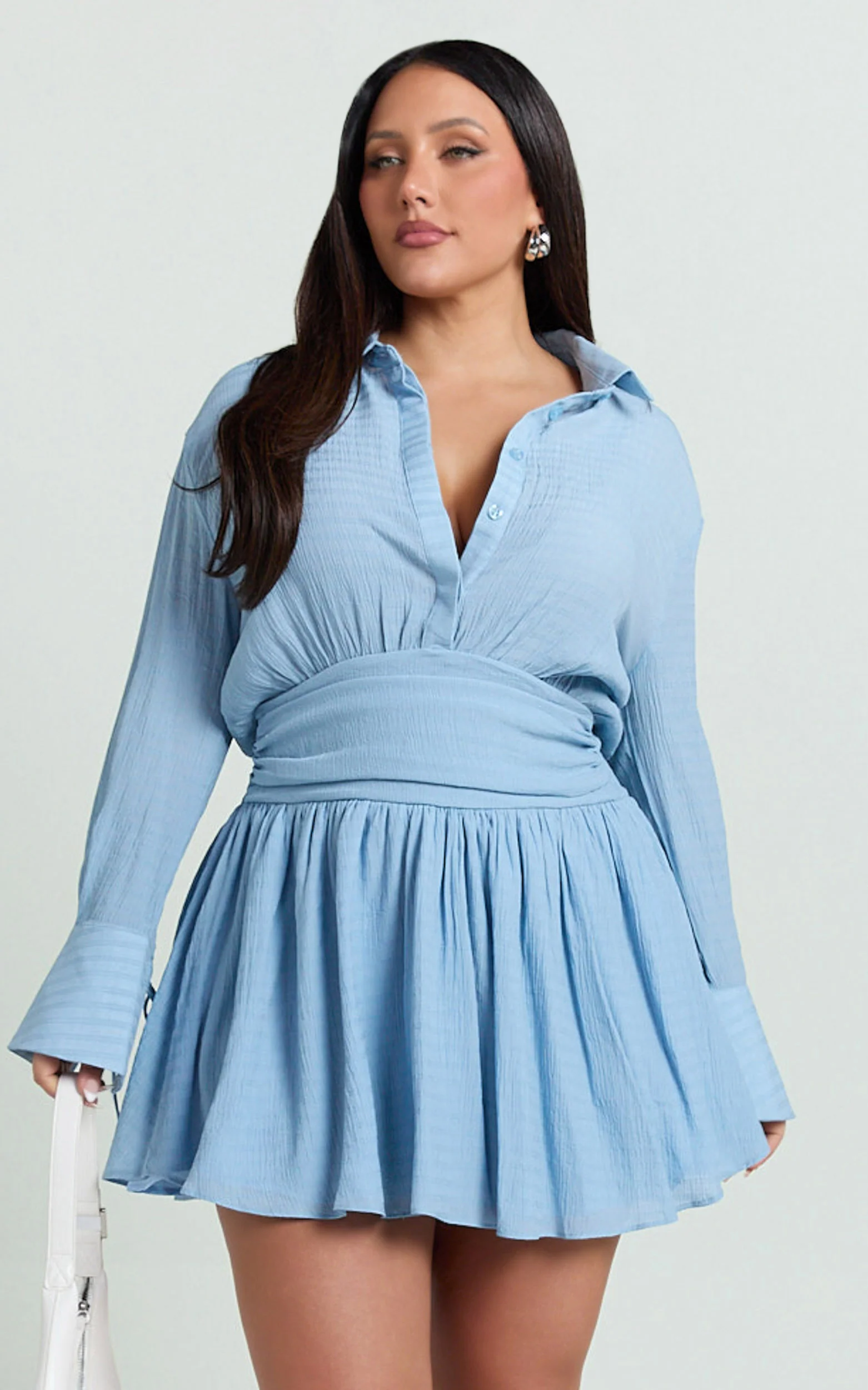 Valerie Mini Dress - Collared Long Sleeve Waist Shirt Dress in Pale Blue