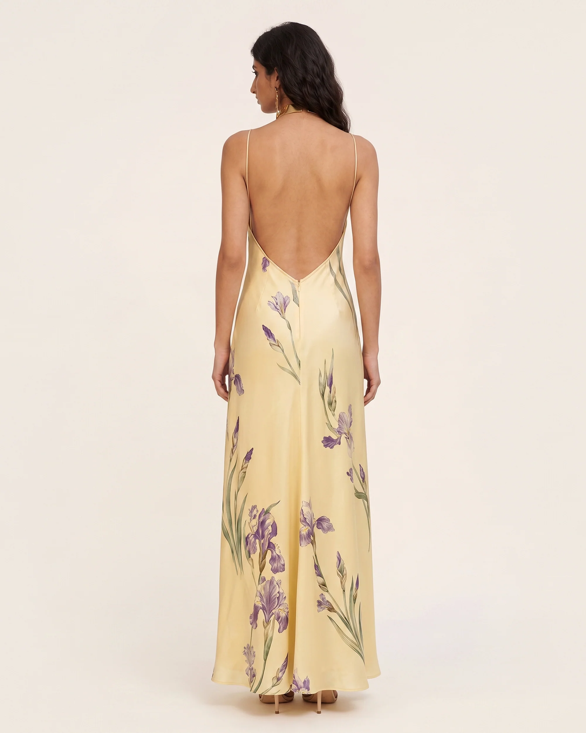 Iris Print Cross-Halter Open-Back Maxi Dress - Yellow - FASHION NOB