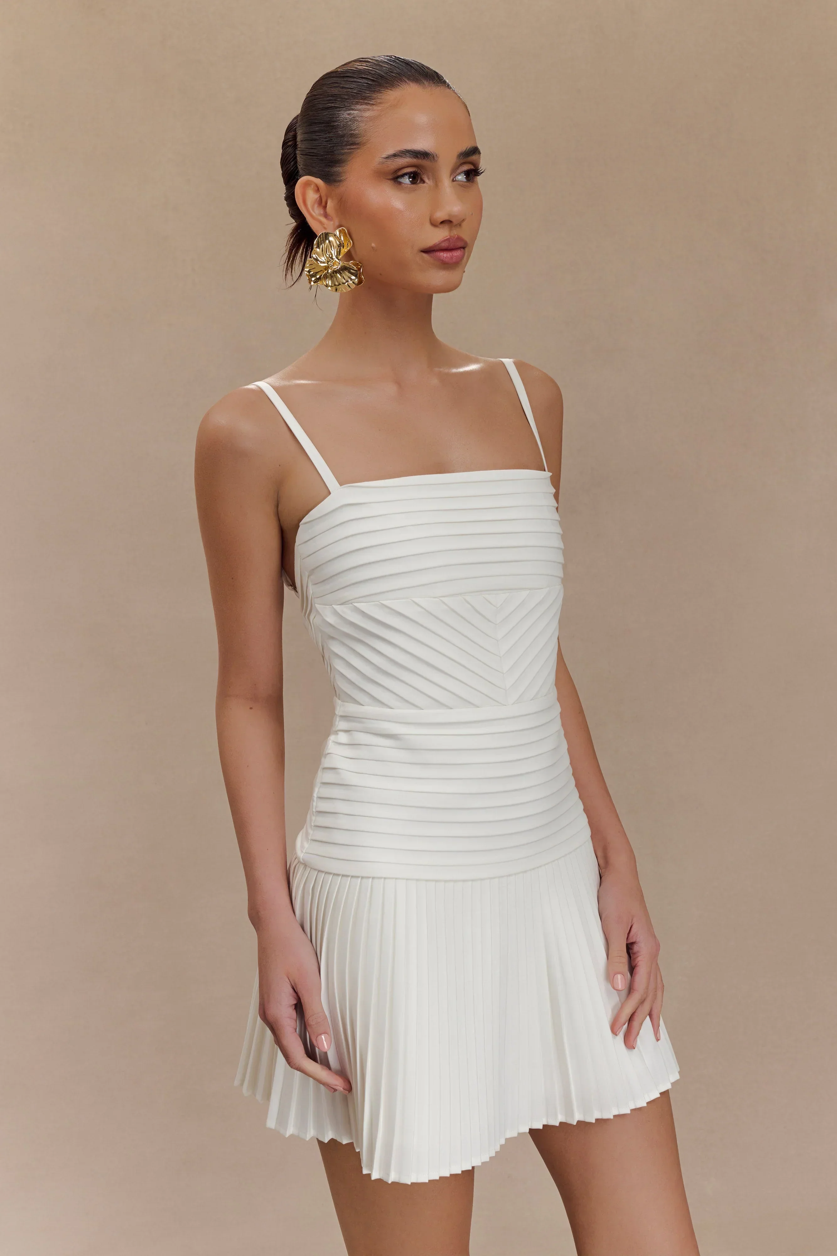 Rylee Multi Pleat Mini Dress - White - luluinthesky