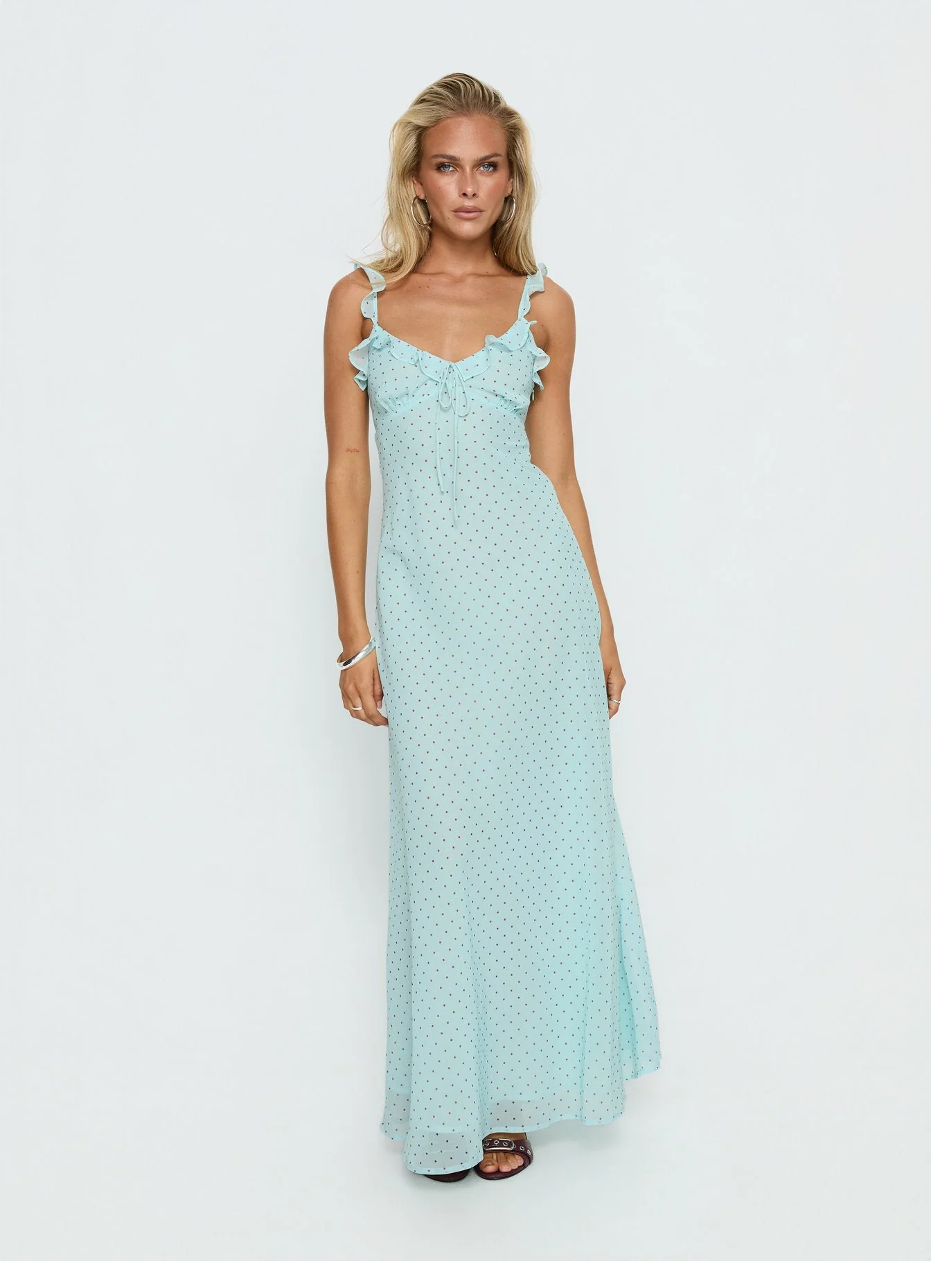 Aryelle Chiffon Frill Maxi Dress Blue Polka Dot