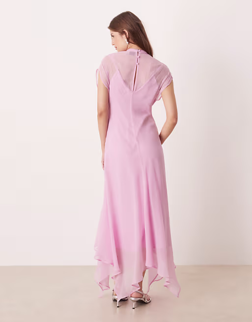 high neck hanky hem chiffon maxi dress in sugary pink