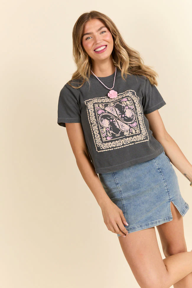 Bandana Print Dark Grey Boxy Graphic Tee