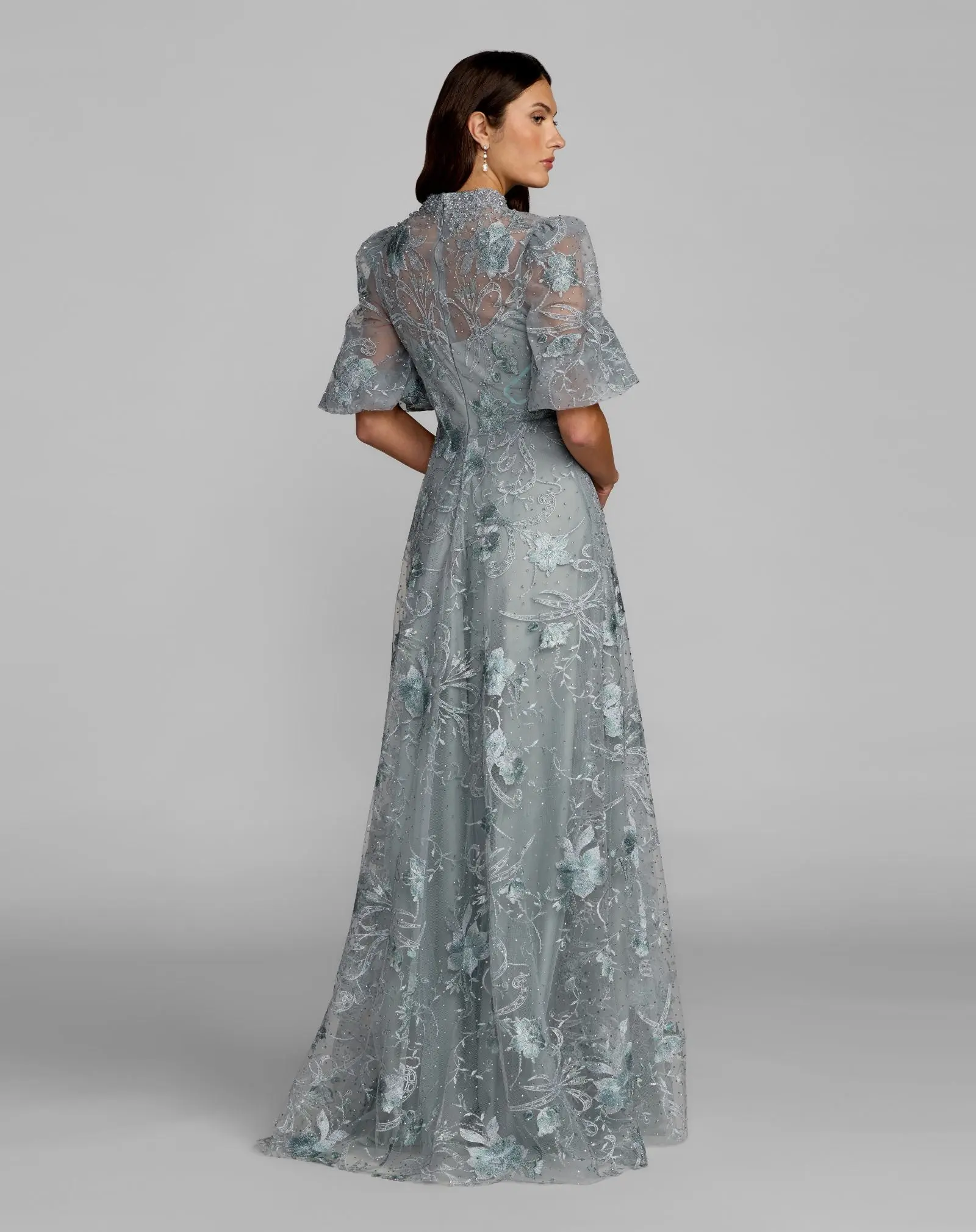 Blue Queen Anne Puff Sleeve Embroidered A-Line Gown - FASHION NOB