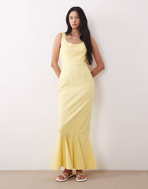 Tall scoop neck fishtail godet maxi dress in buttermilk yellow