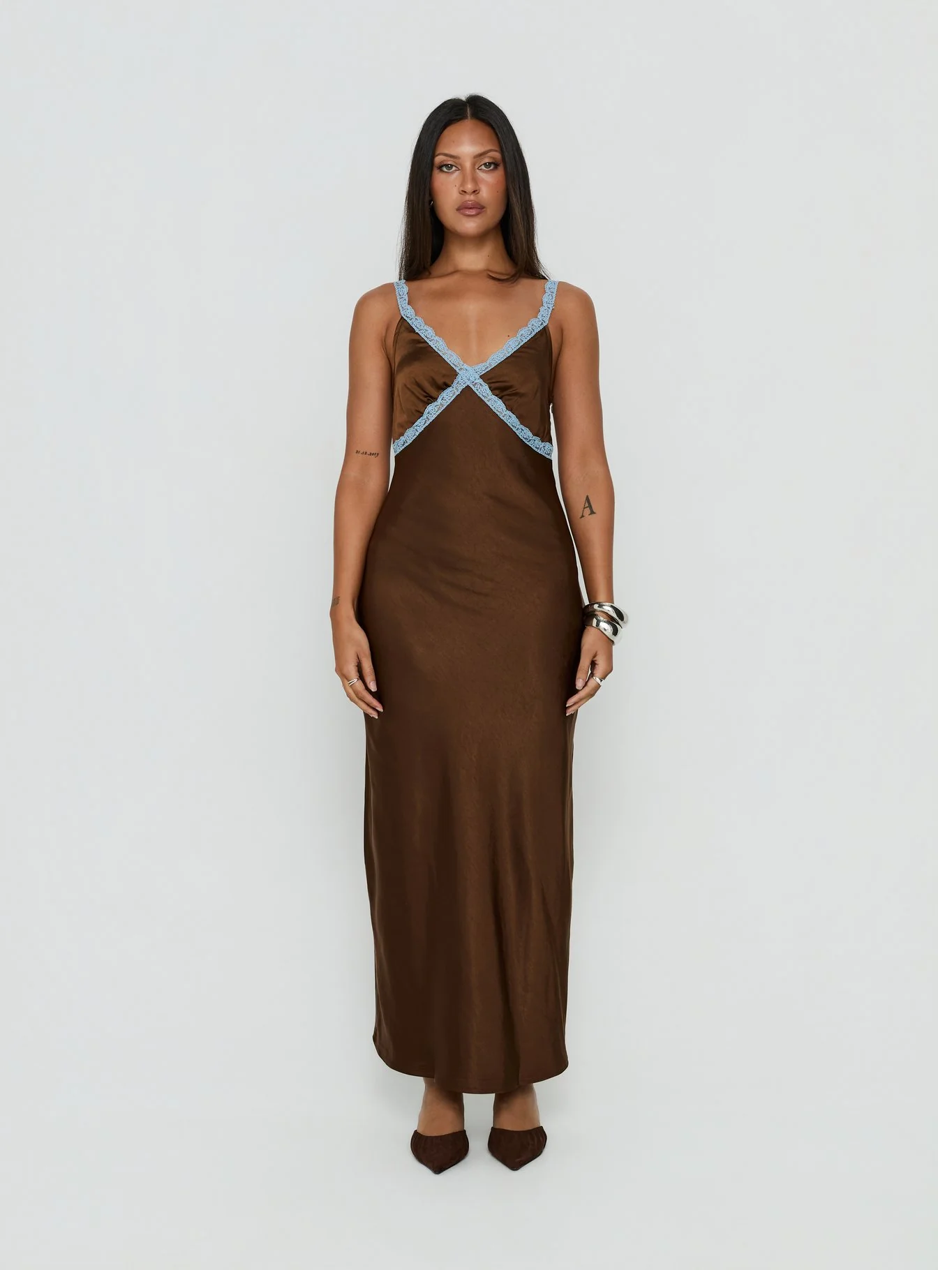 Carletta Lace Contrast Maxi Dress Brown / Blue
