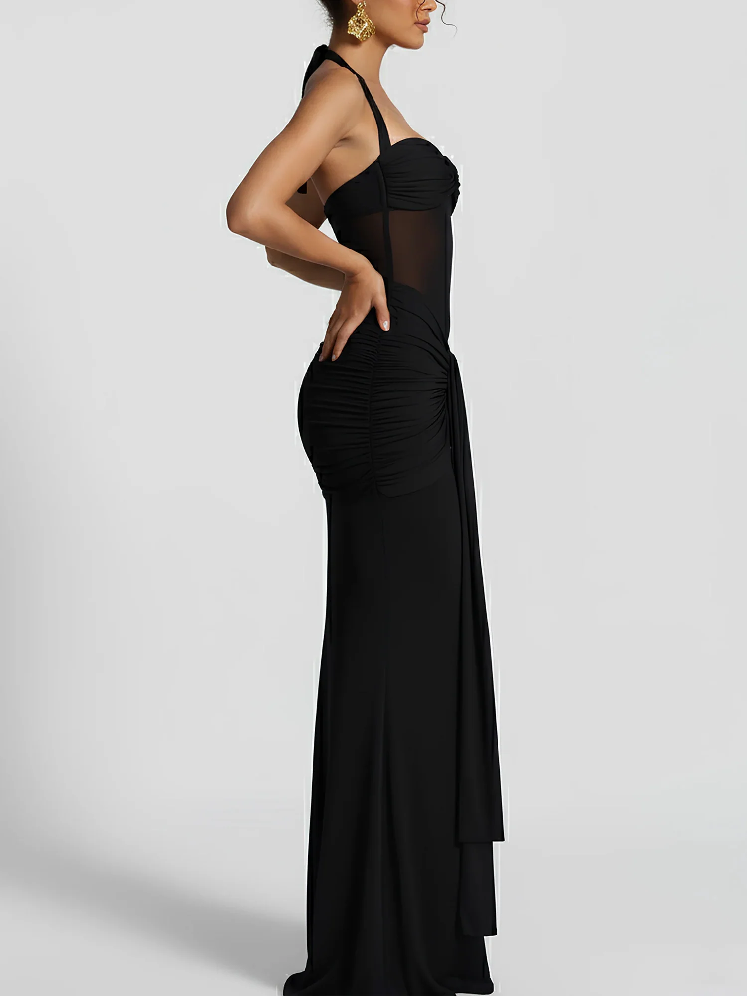 Black Draped Halter Maxi Dress Sheer Elegance