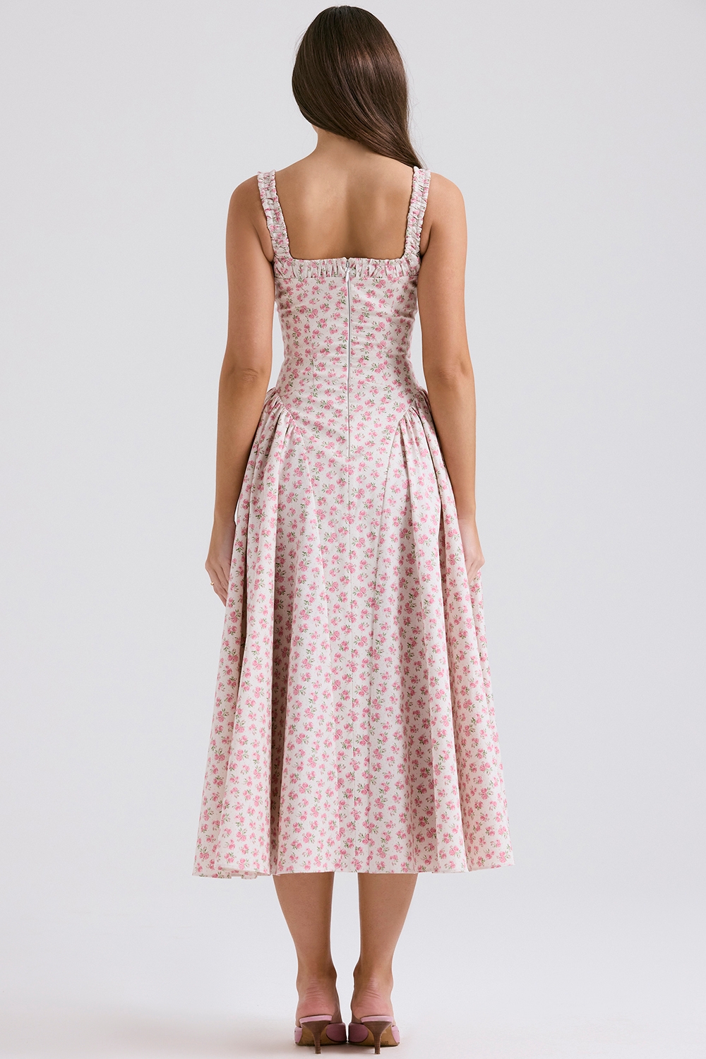 White Rosebud Print Cotton Midi Sundress