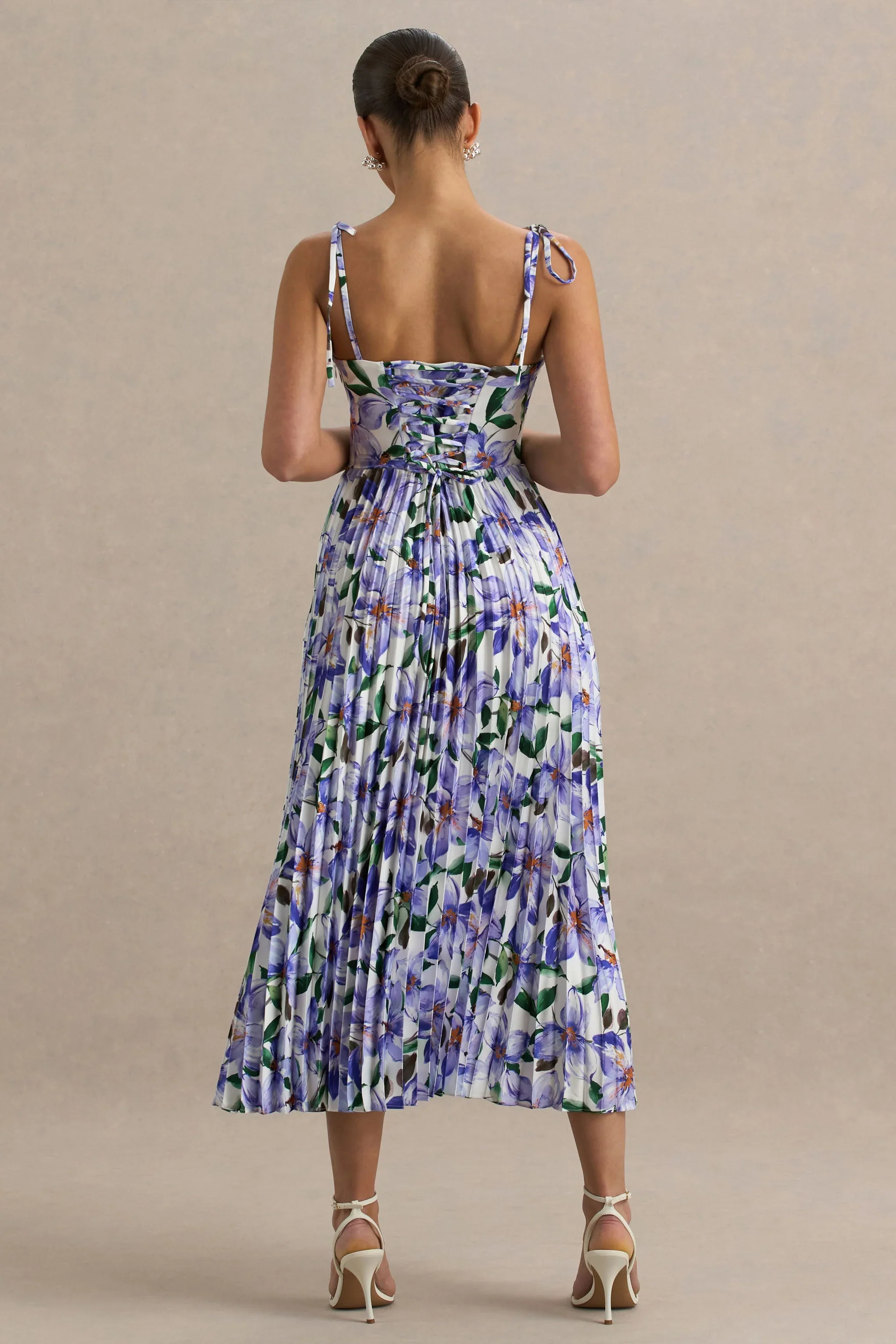 Peyton | Purple Lily Print Satin Sweetheart-Neck Midi Dress With Pleated Details