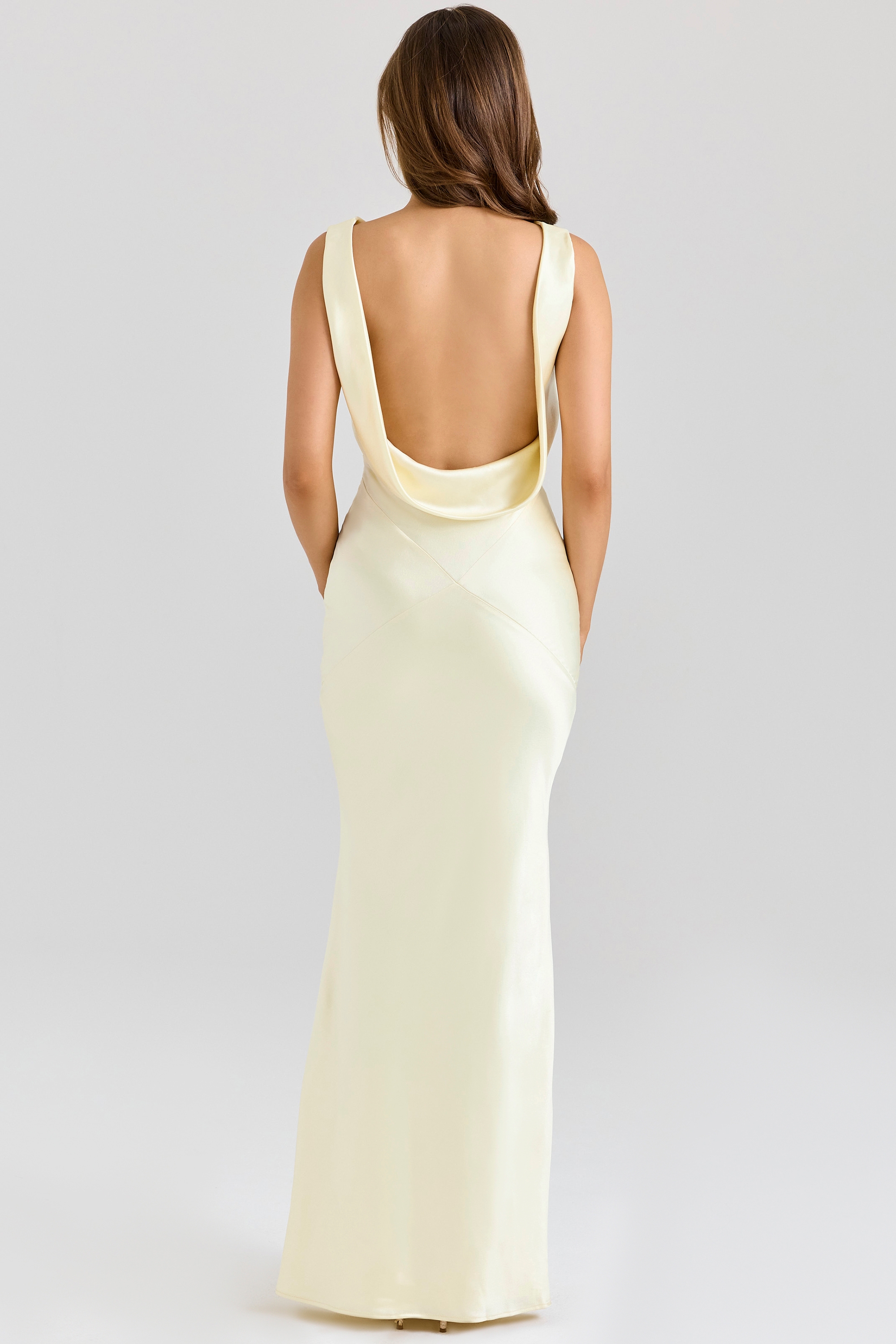 buttermilk satin draped cowl neck maxi dress