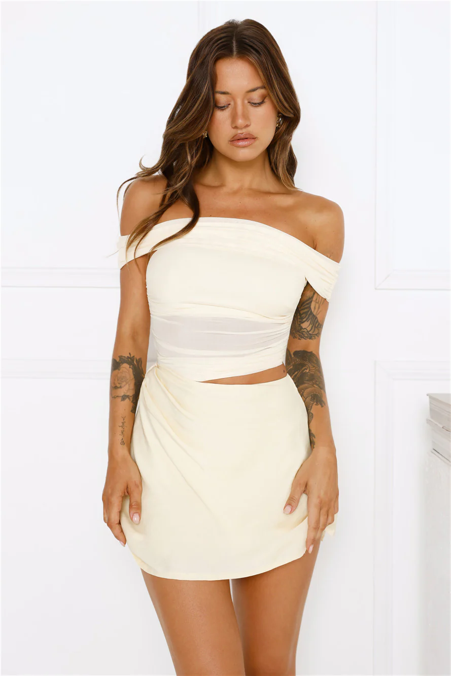 Break The Internet Mesh Off Shoulder Mini Dress Yellow