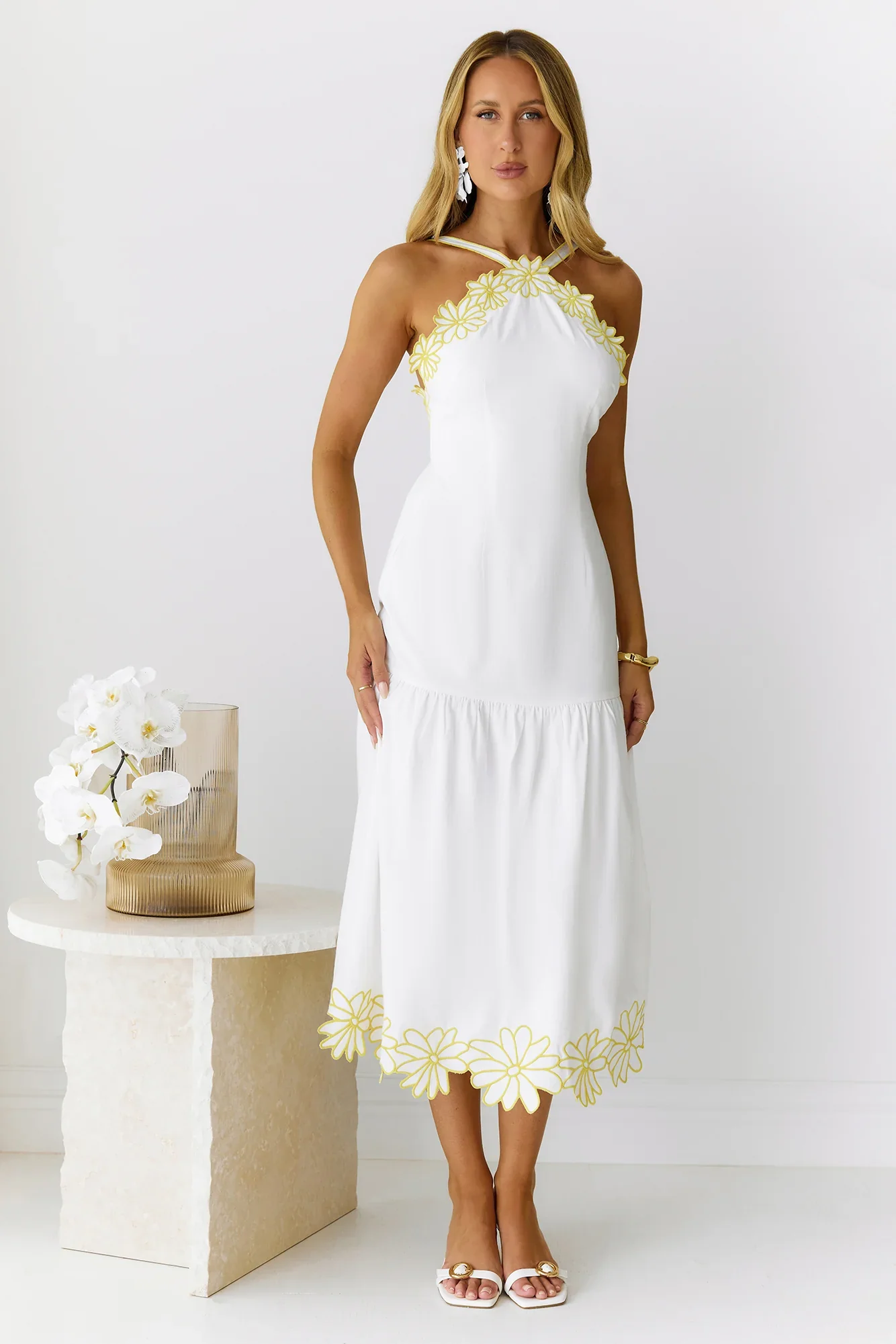 Golden Petals Midi Dress White
