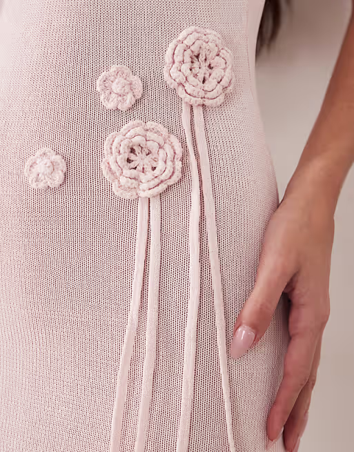 Wanderdoll Lillie knit scoop neck and back corsage tassel detailing maxi dress in baby pink