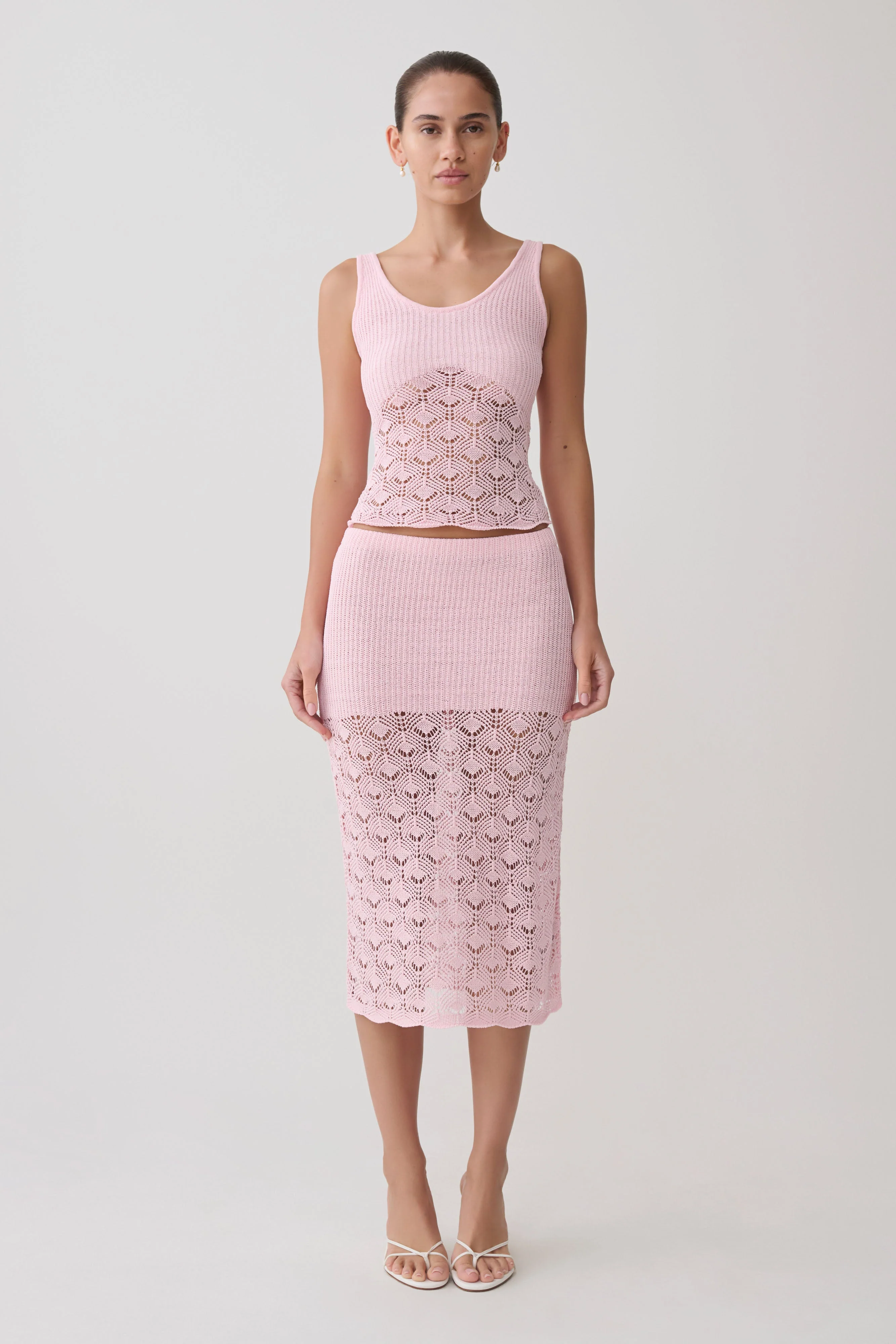Atlantis Crochet Knit Midi Skirt - Baby Pink