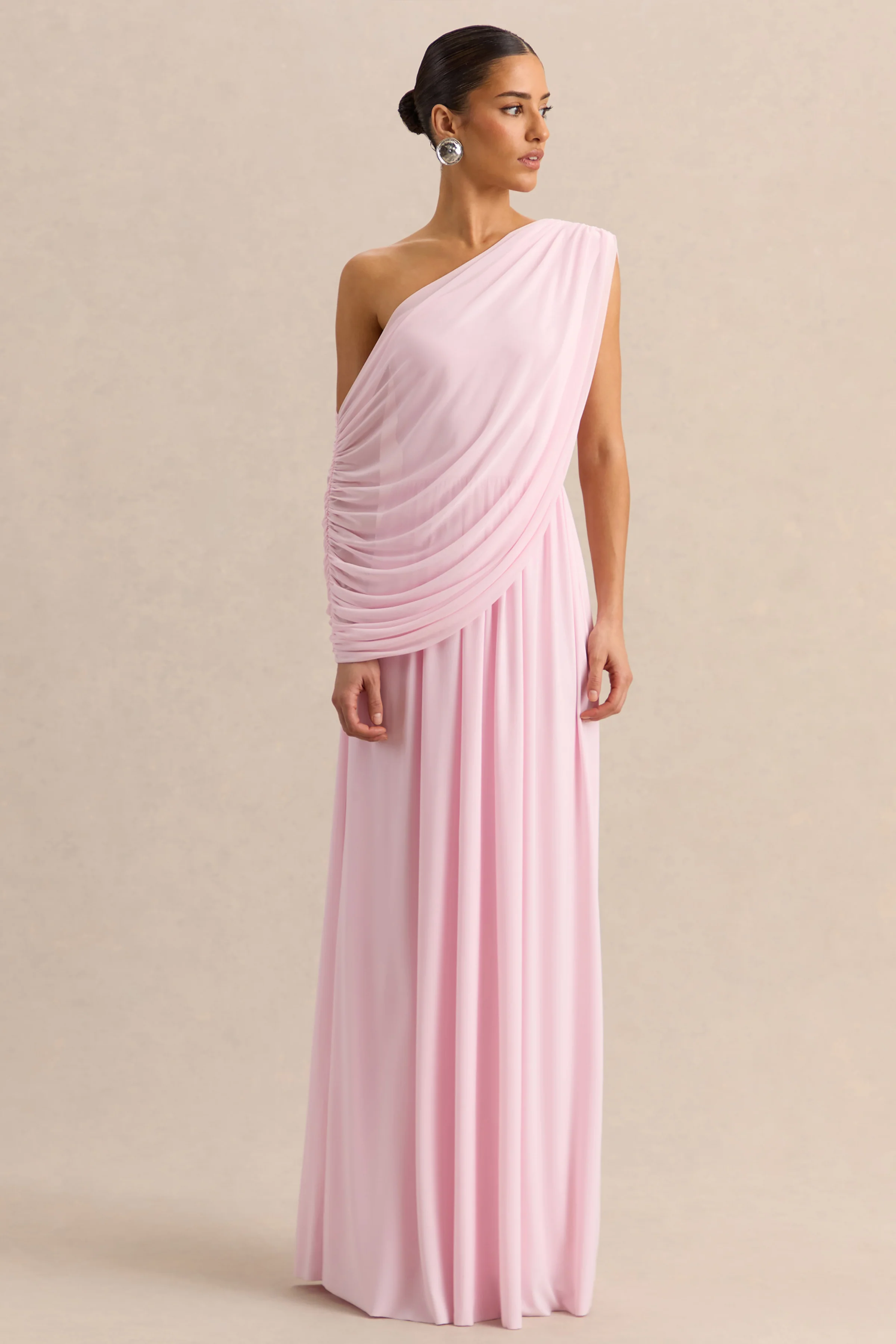 Sabianna | Pink Asymmetric-Neck Maxi Dress With Draped Detailing