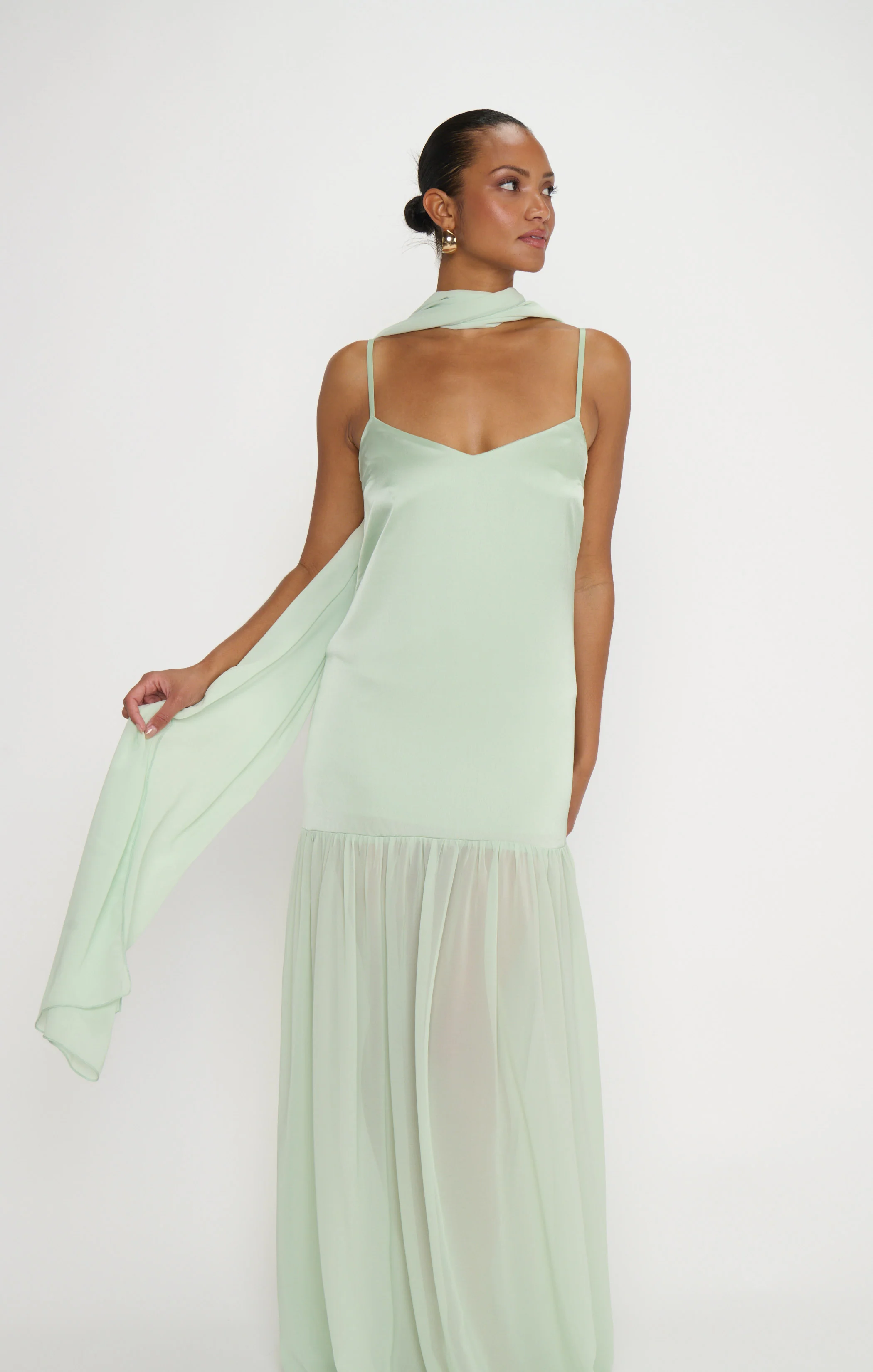 Dalia Maxi Dress ~ Pistachio Luxe Satin