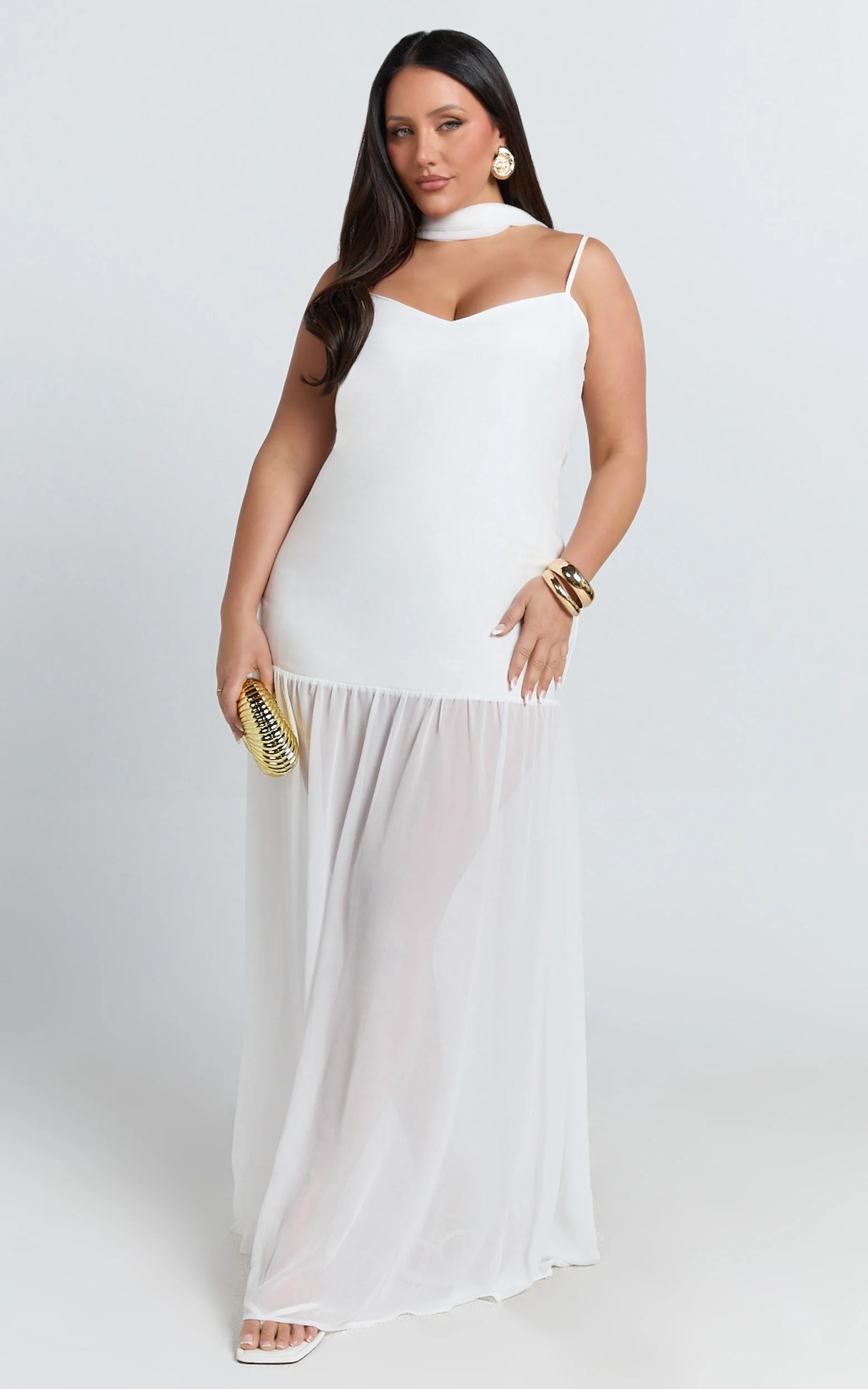 Calvin Maxi Dress - Linen Look Contrast Georgette Skirt with Neck Scarf in White