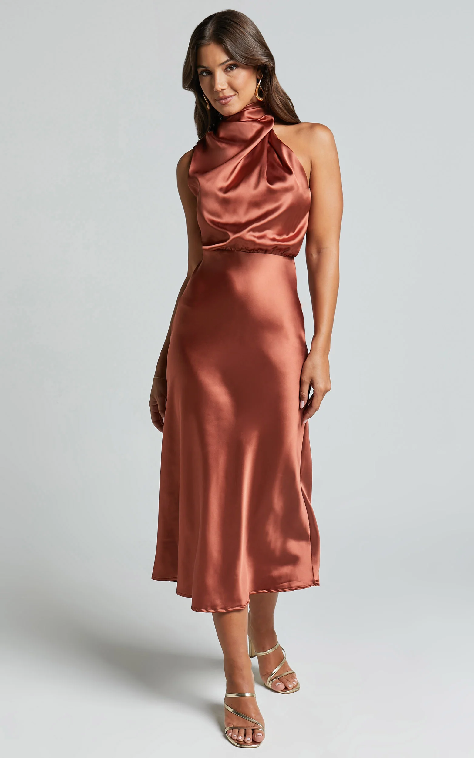 Minnie Midi Dress - Drape Neck Satin Slip Dress in Copper