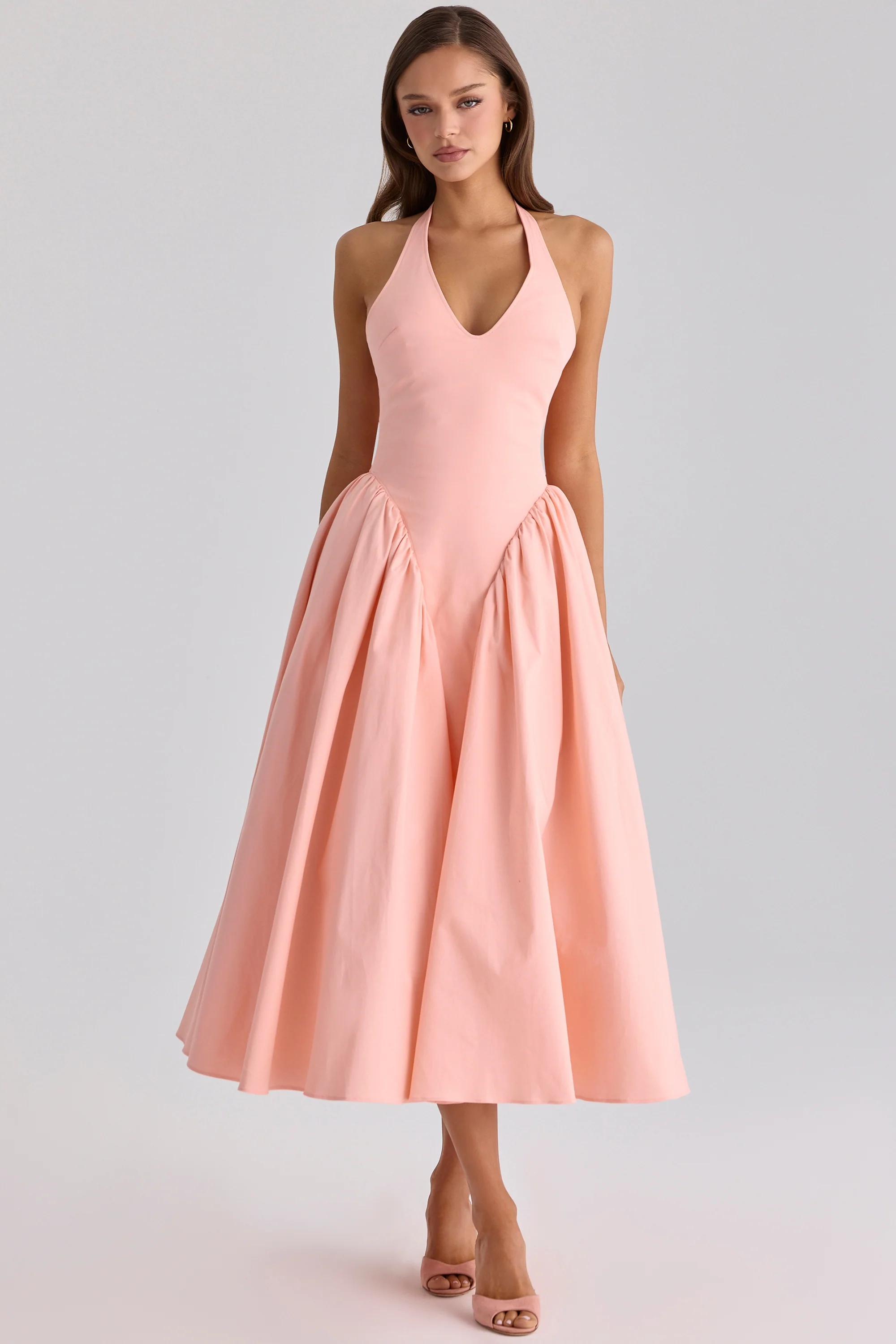 Peach Cotton Halter Neck Midi Sundress
