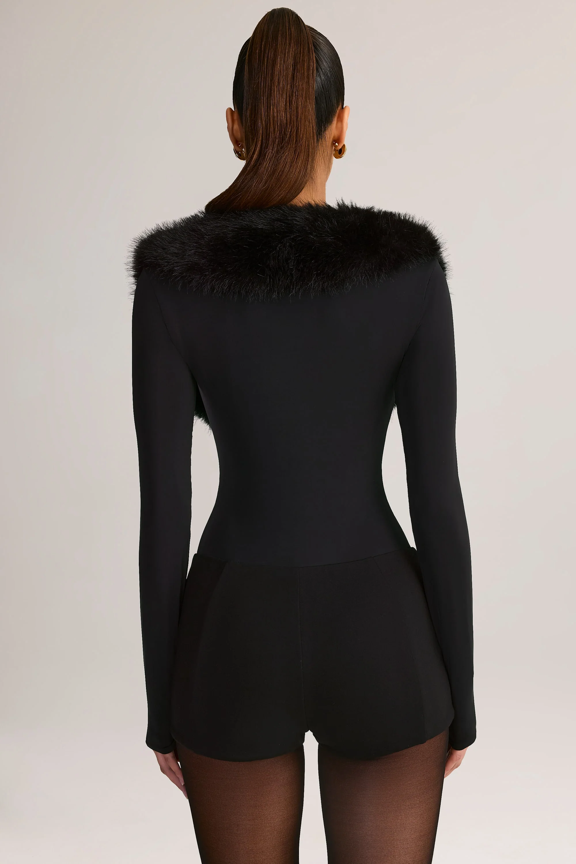 Faux Fur-Trim Corset Playsuit in Black
