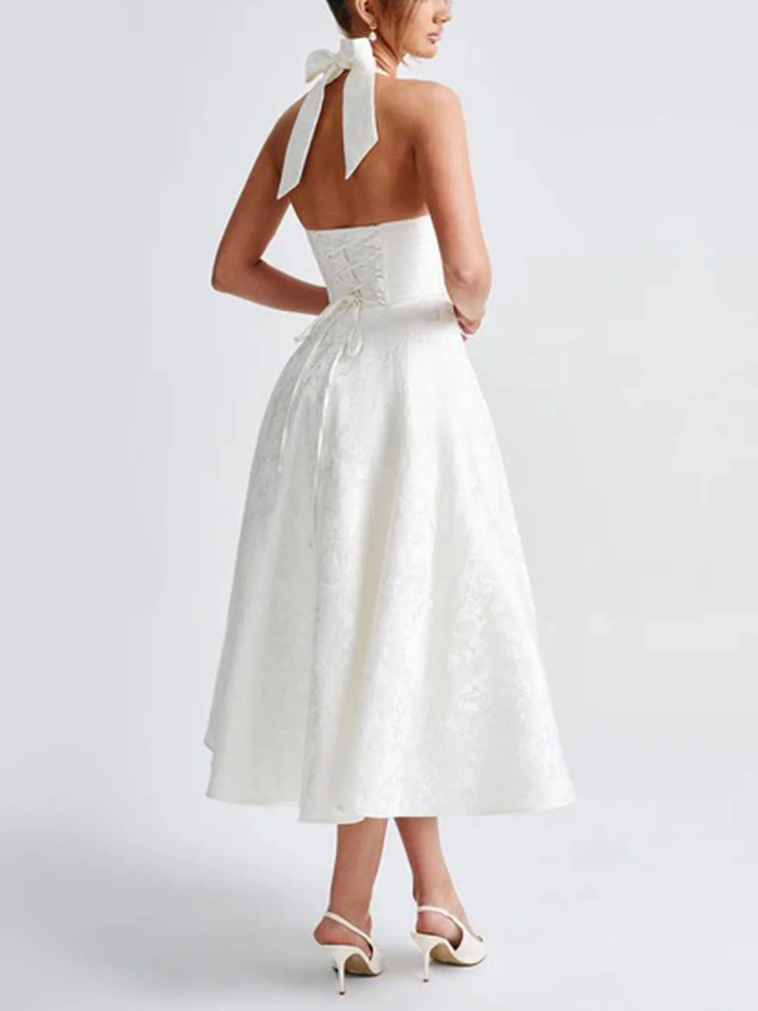 White Halter Flared Midi Dress