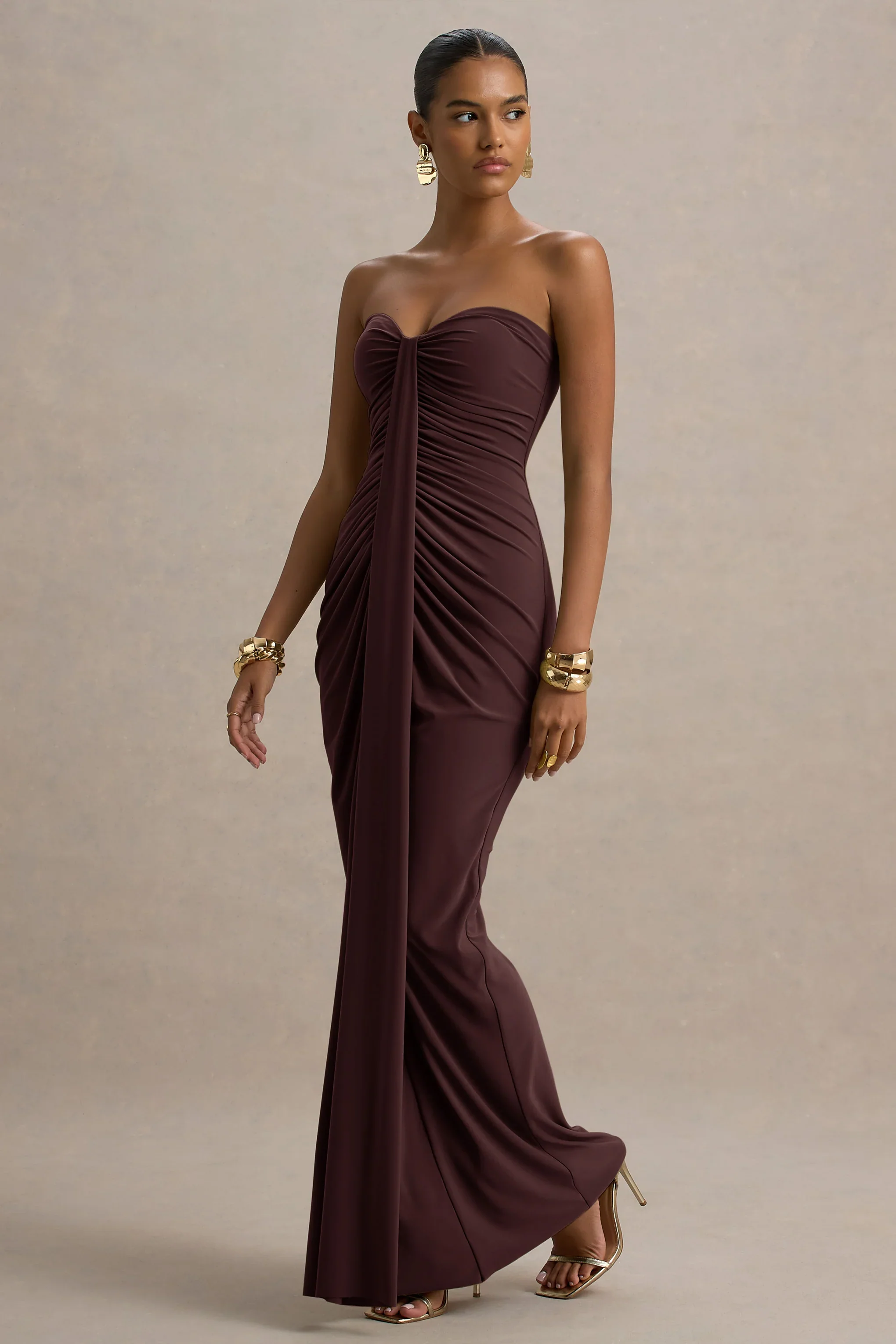 Ali | Warm Brown Sweetheart Ruched Wrap Maxi Dress