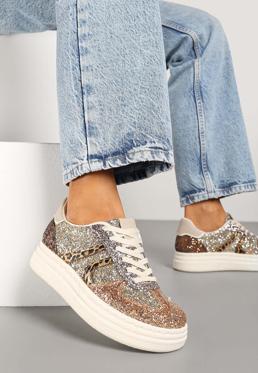 Beżowo-Złote Brokatowe Sneakersy na Niskiej Platformie Nevilinna