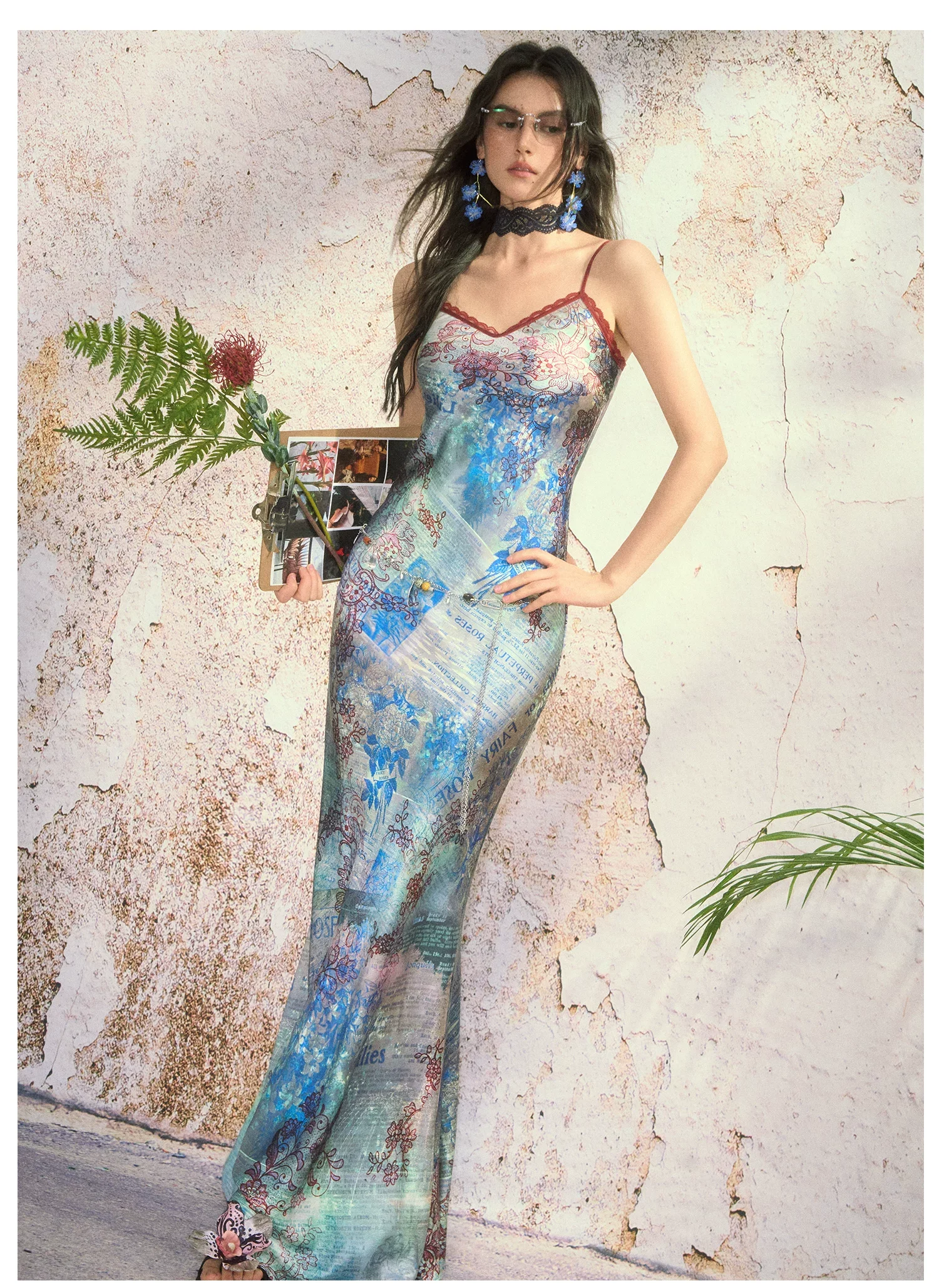 Botanical Print Bias-Cut Camisole Long Dress