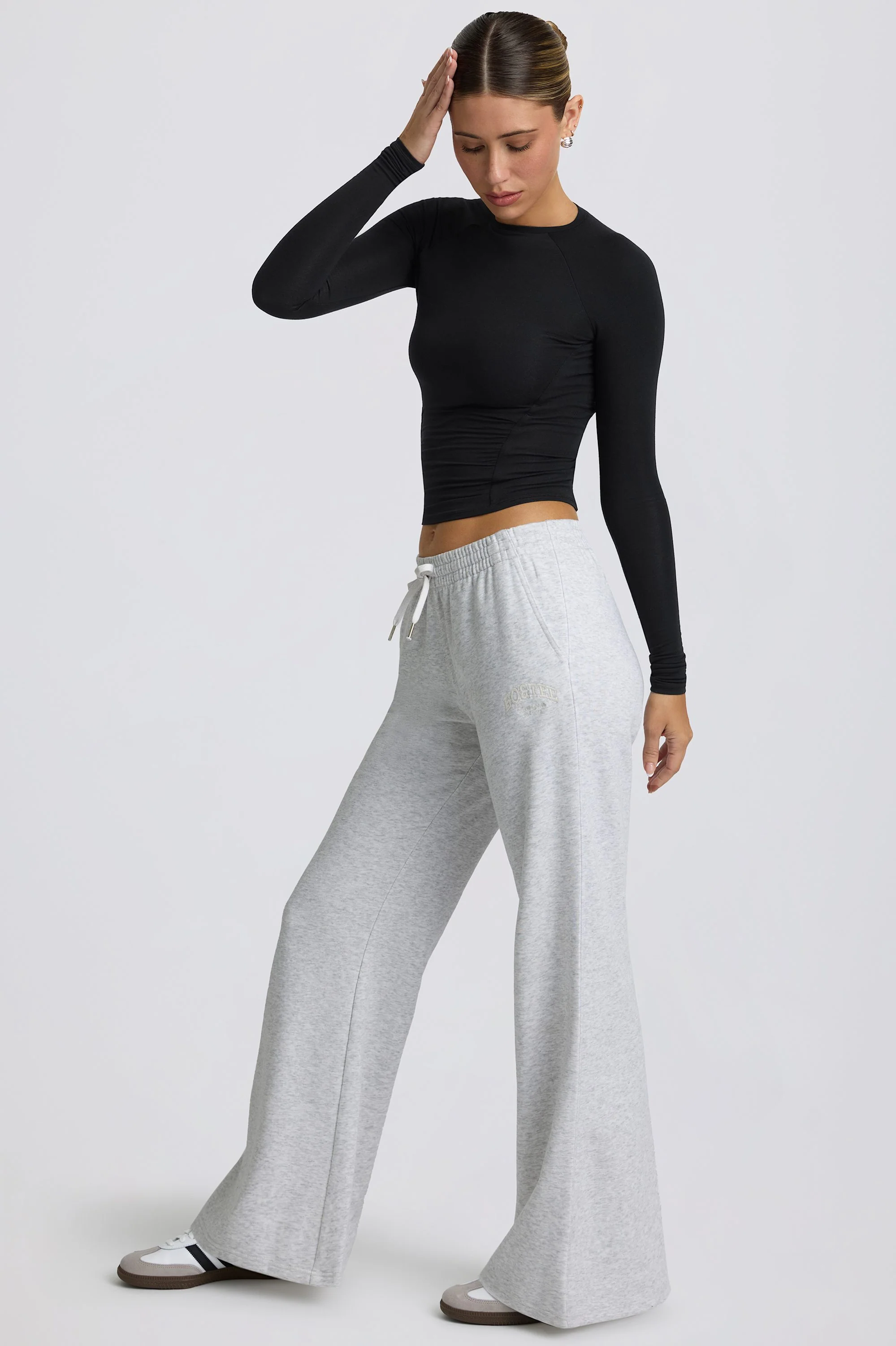 Low-Rise Wide-Leg Joggers in Grey Marl