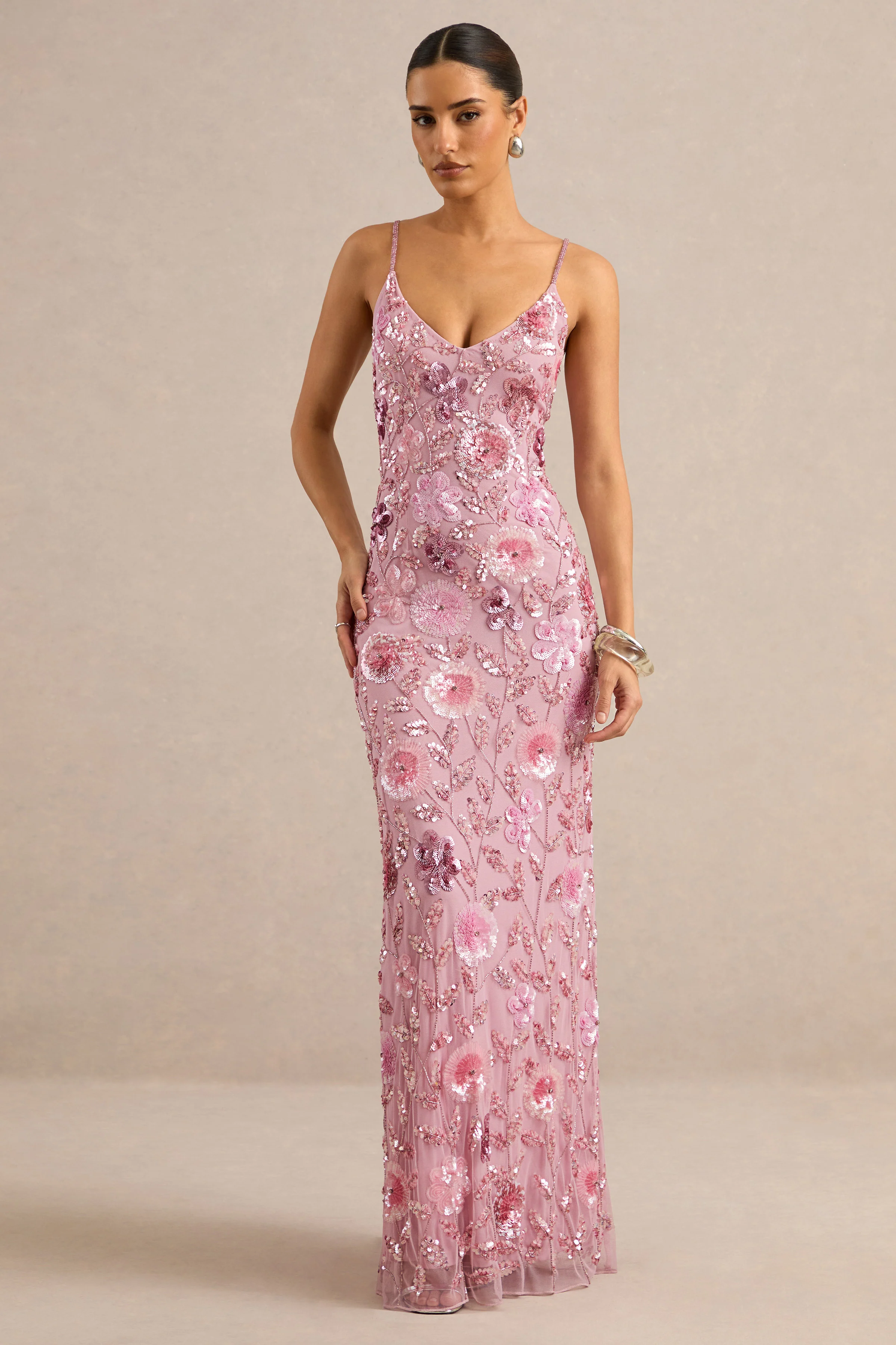 Gemini | Pink Embellished Strappy Maxi Dress - FASHION NOB