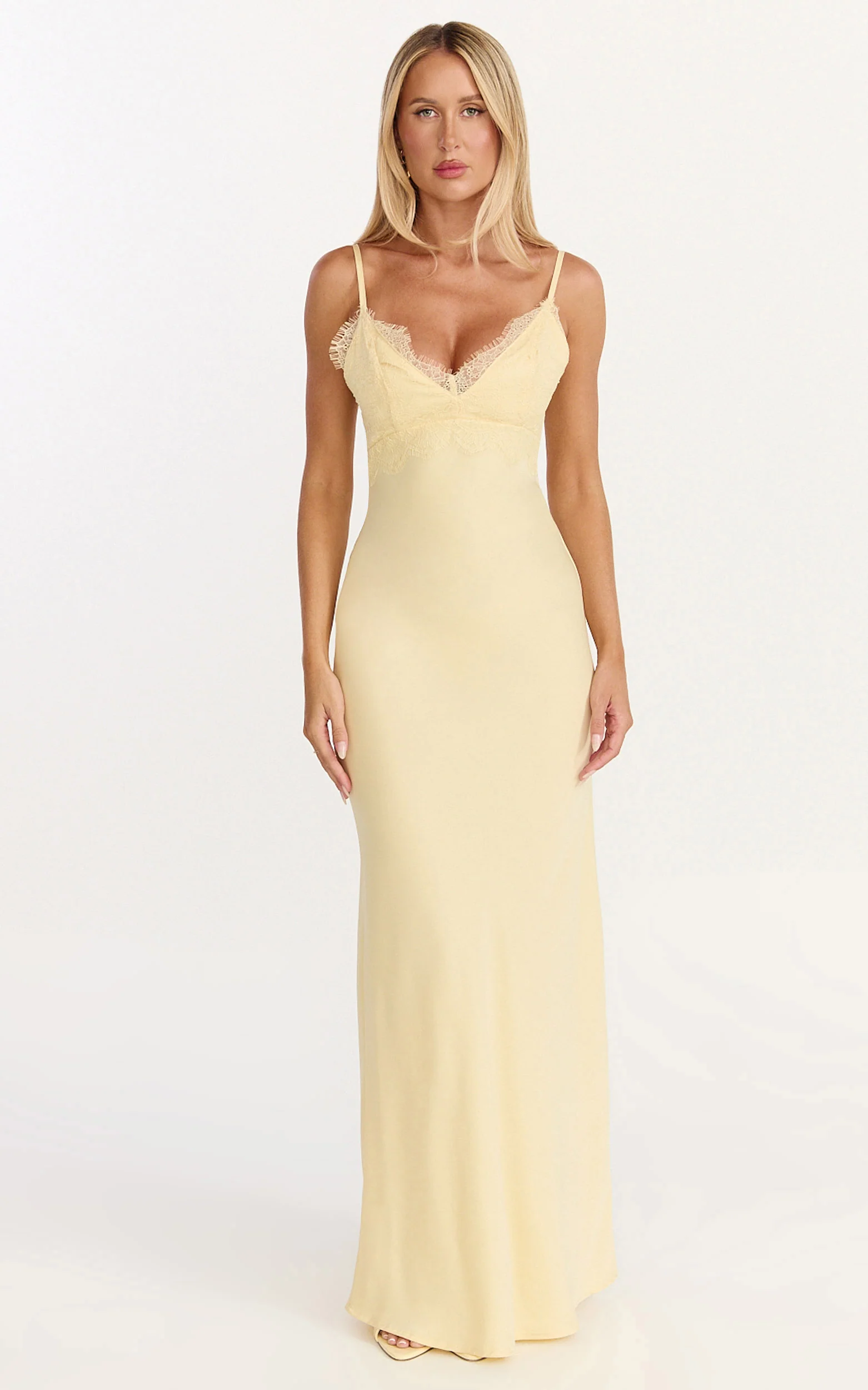 Kyra Maxi Dress - Lace Bust And Tie Back Satin Dress in Lemon