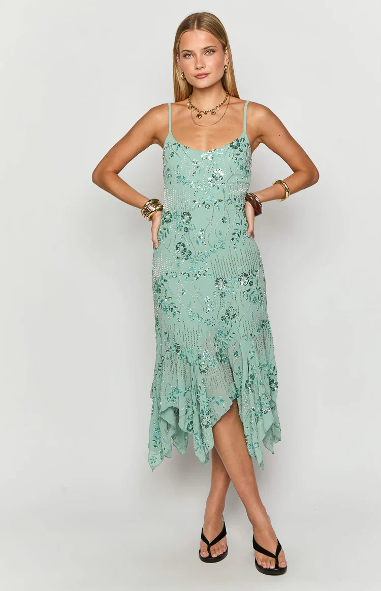 Another World Teal Sequin Midi Dress