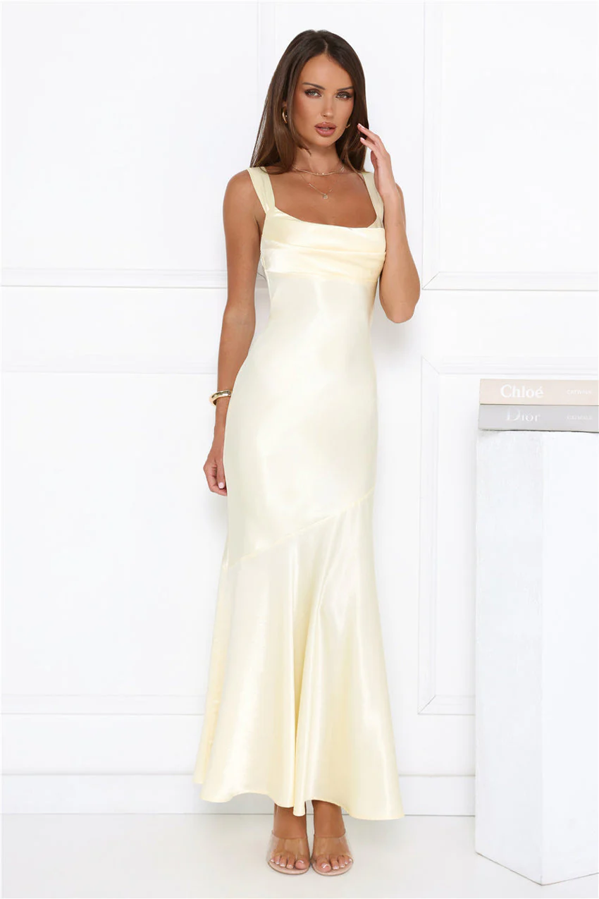 Kiss Crush Satin Maxi Dress Yellow - luluinthesky