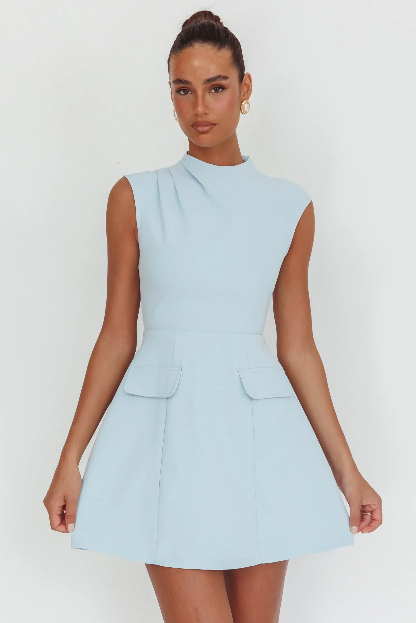 Thandi Pleat Shoulder Faux Pocket Mini Dress Steel Blue