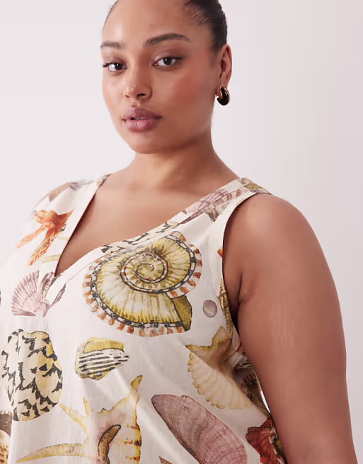 Curve cotton linen v neck smock mini dress in shell print