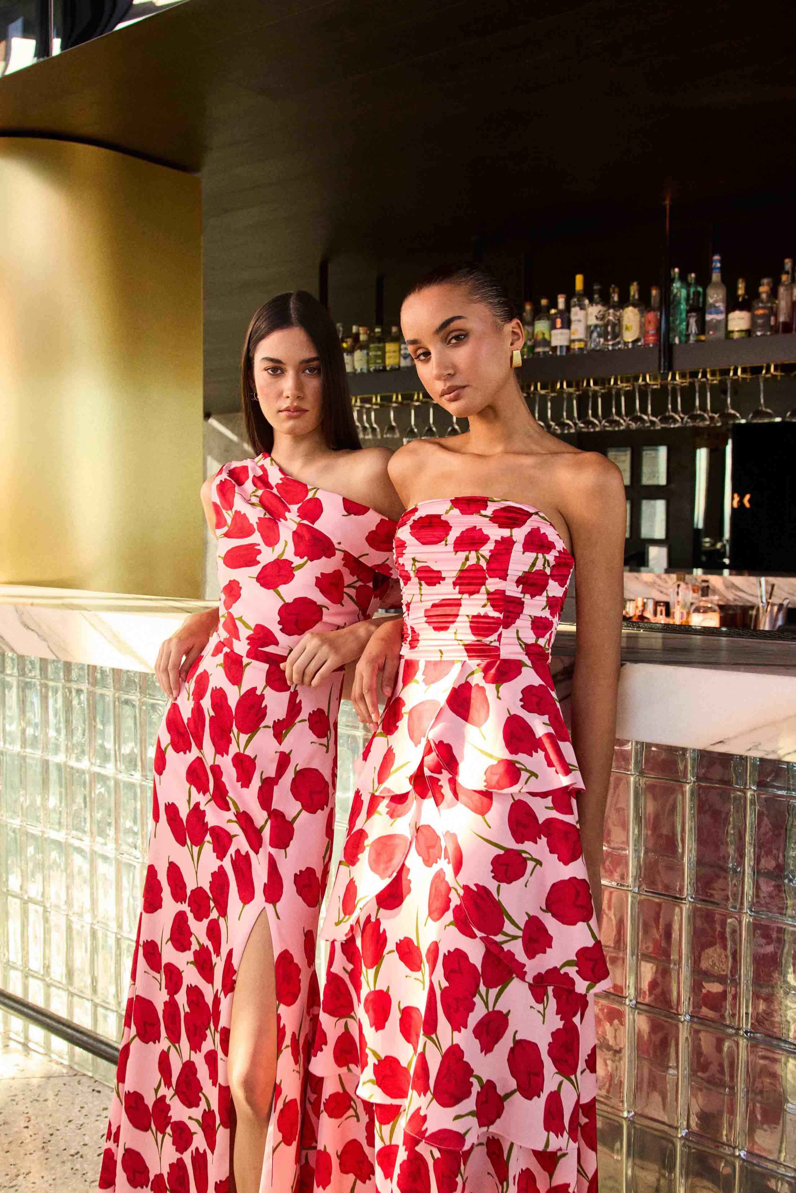 Melia Tiered Gown in Pink & Red Floral