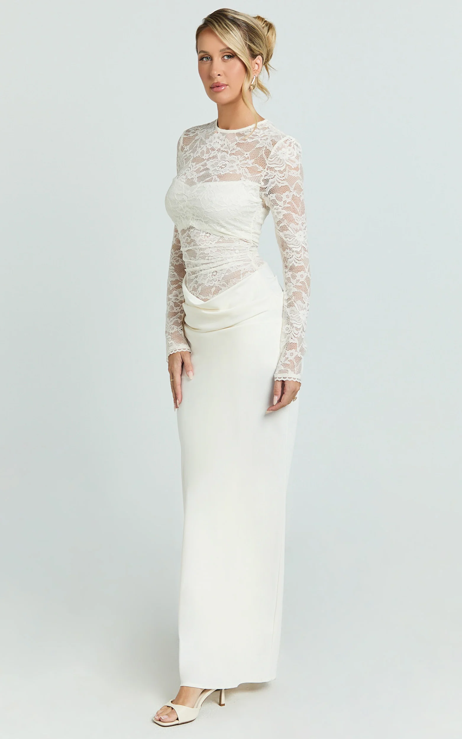 Crisanta Maxi Dress - Long Sleeve Contrast Lace Bodycon Dress in Ivory