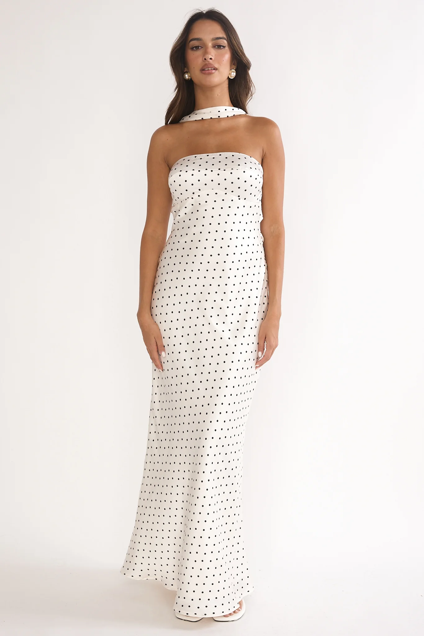 Damsel Reverse Halter Maxi Dress Polka Dot White