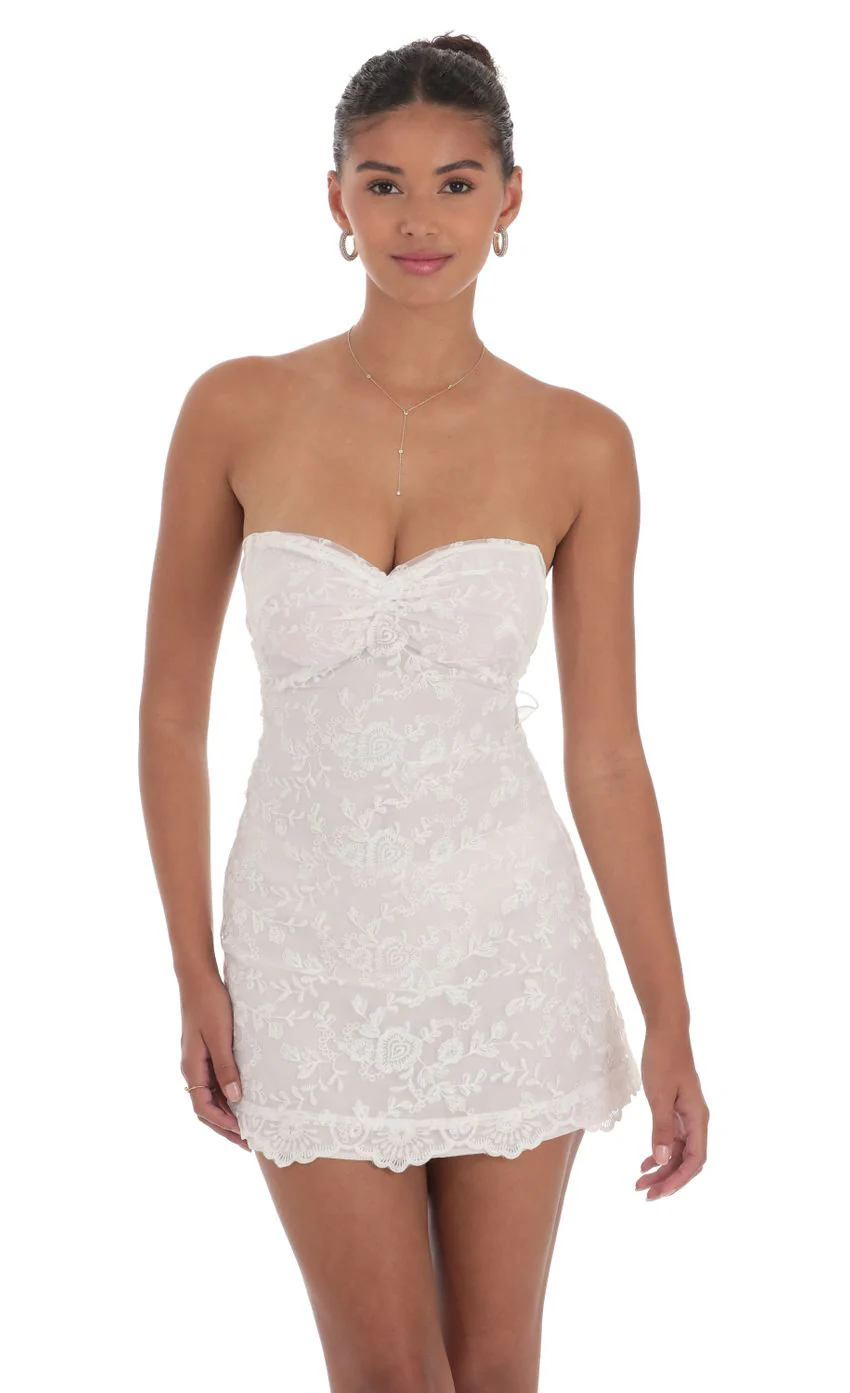 Embroidered Floral Strapless Dress in White