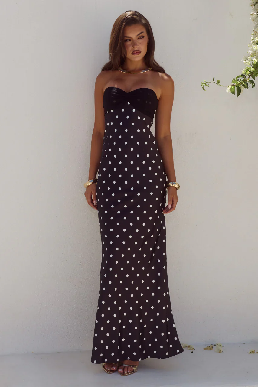 KADIE OFF SHOULDER MAXI DRESS - BLACK/WHITE POLKA