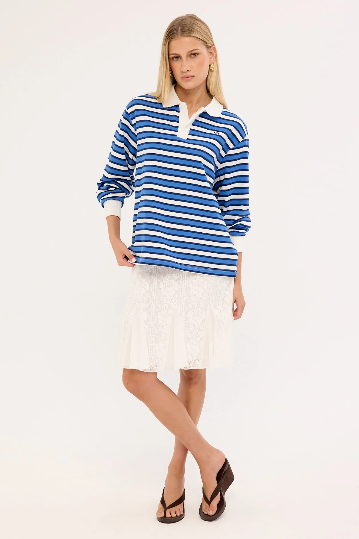 Perfect Stranger Leon Stripe Rugby Fleece Top Blue Stripe
