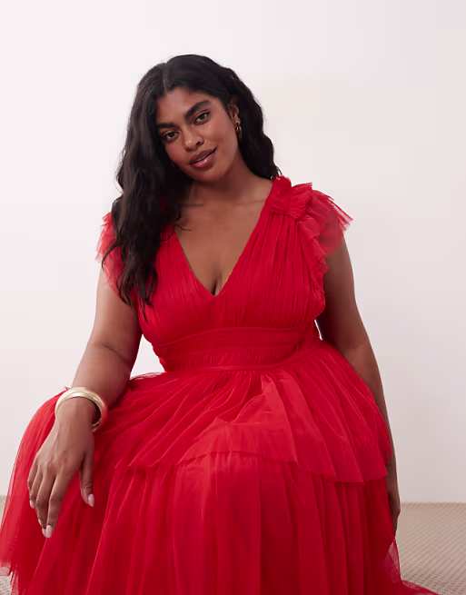 Lace & Beads Plus tulle ruffle detail tiered maxi dress in red