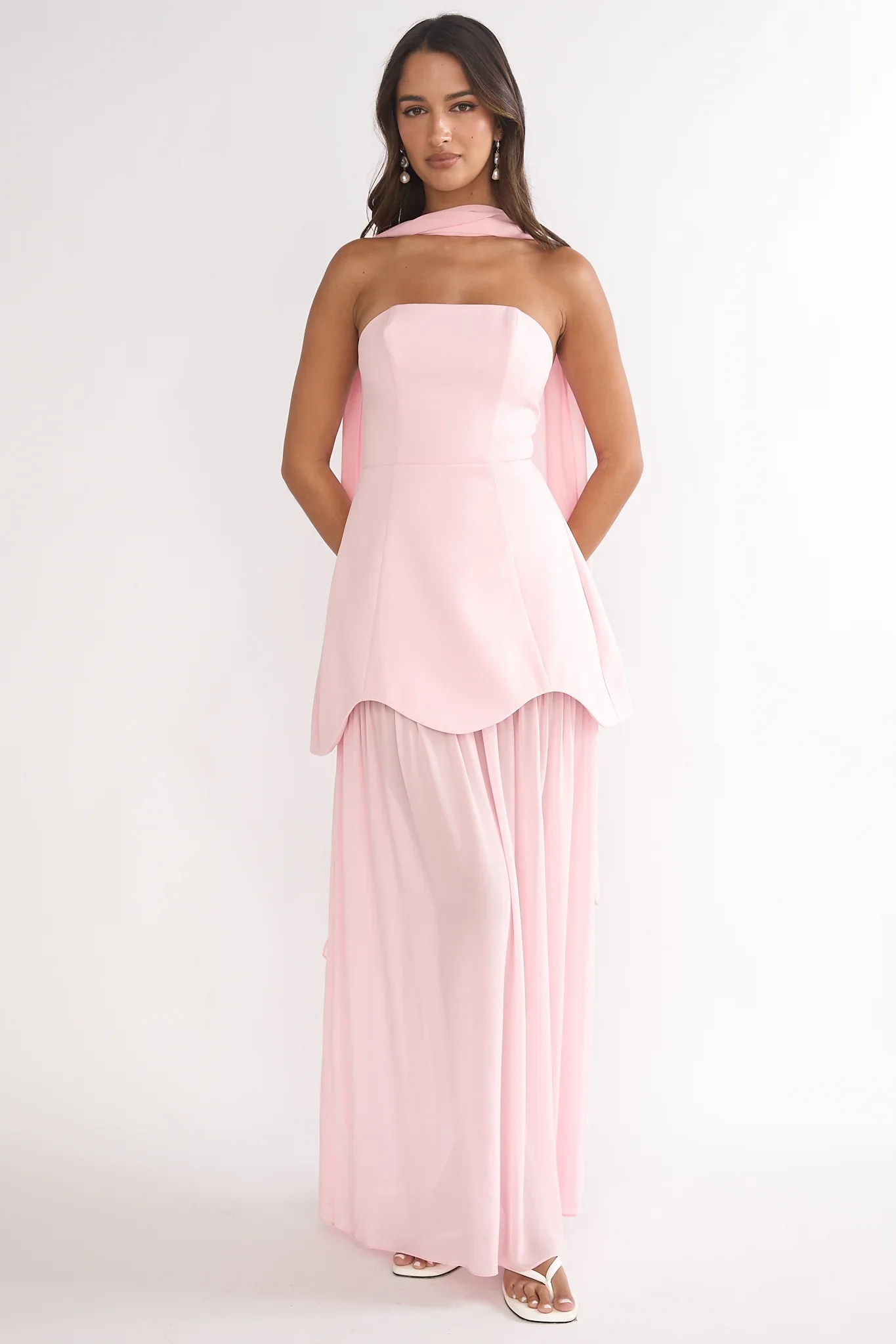 Poema Scalloped Sheer Hem Maxi Dress Pink