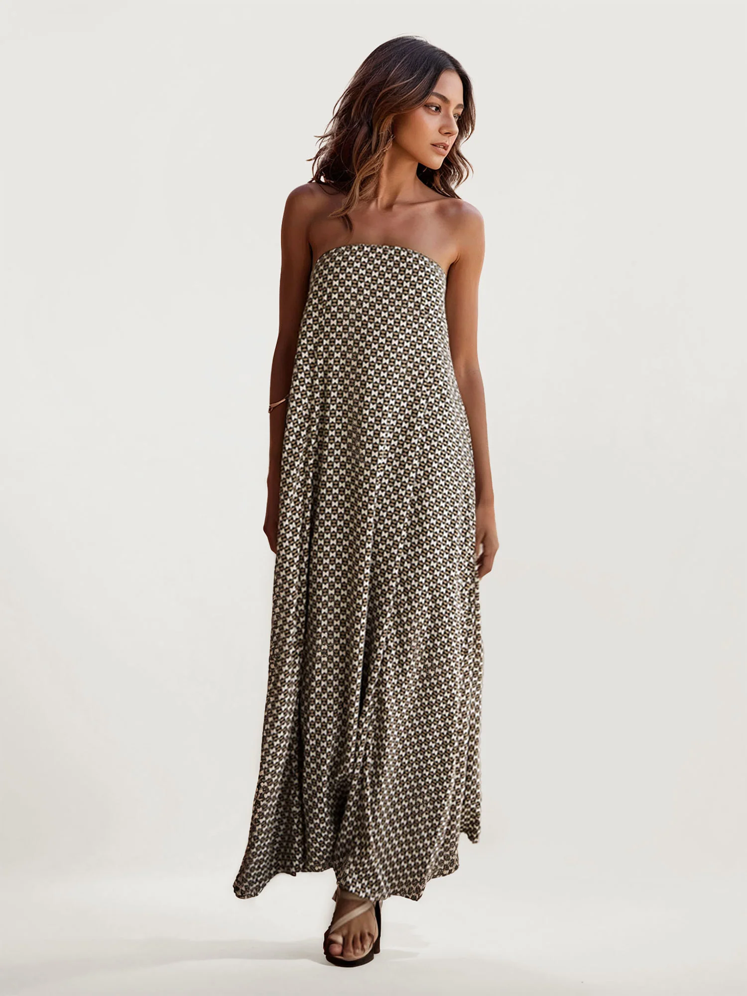 Geometric Print Strapless Maxi Dress