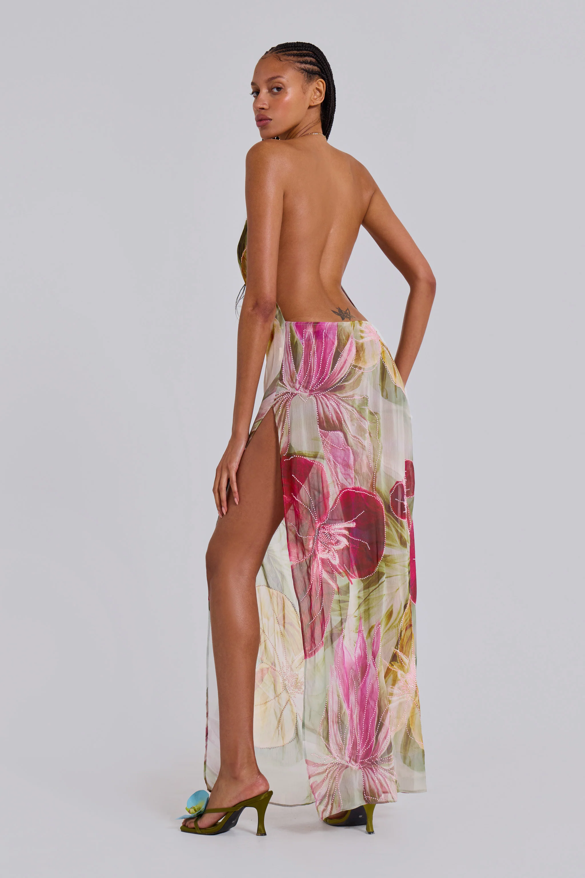 Dahlia Hand-Beaded Backless Chiffon Maxi Dress in Rosa